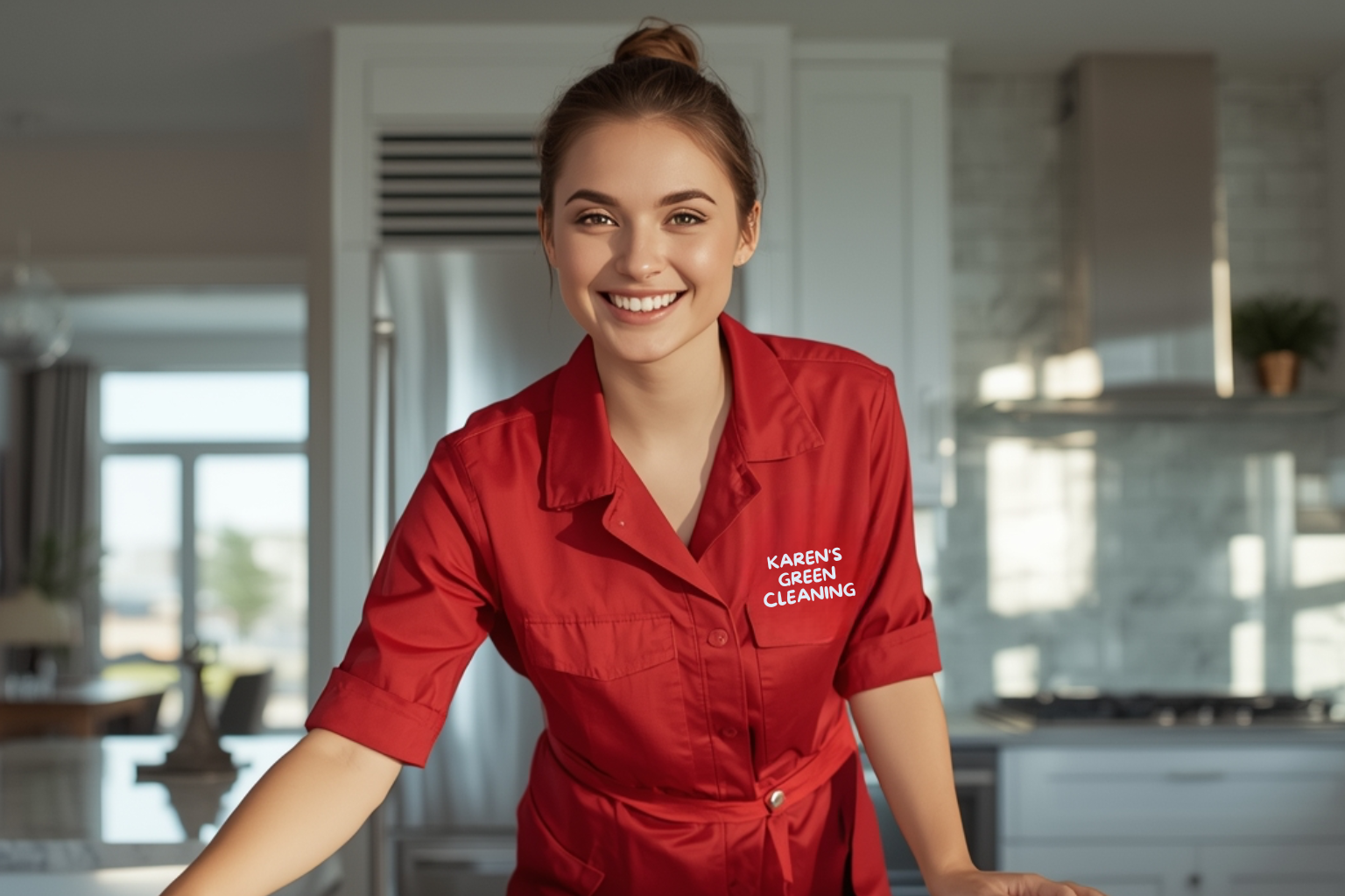 Red-uniform cleaner wiping a Lynnhurst Minneapolis kitchen counter for Karen’s Green Cleaning