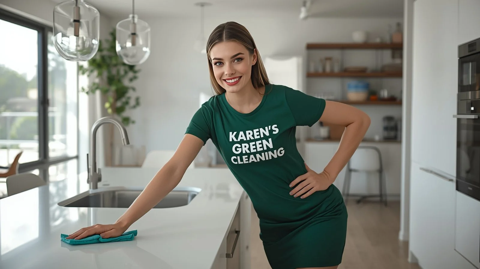 Joyful Swedish cleaning lady in green uniform polishing a kitchen countertop in a spotless Longfellow Minneapolis apartment