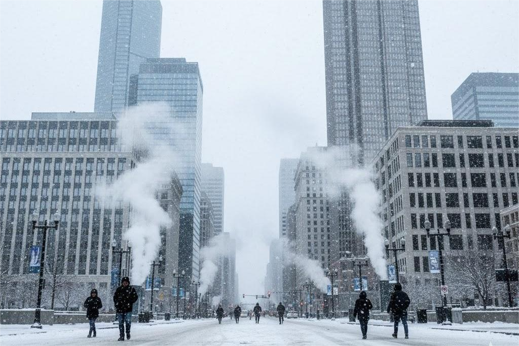Downtown Minneapolis skyline in the coldest month with icy streets, heavy snow, and winter haze