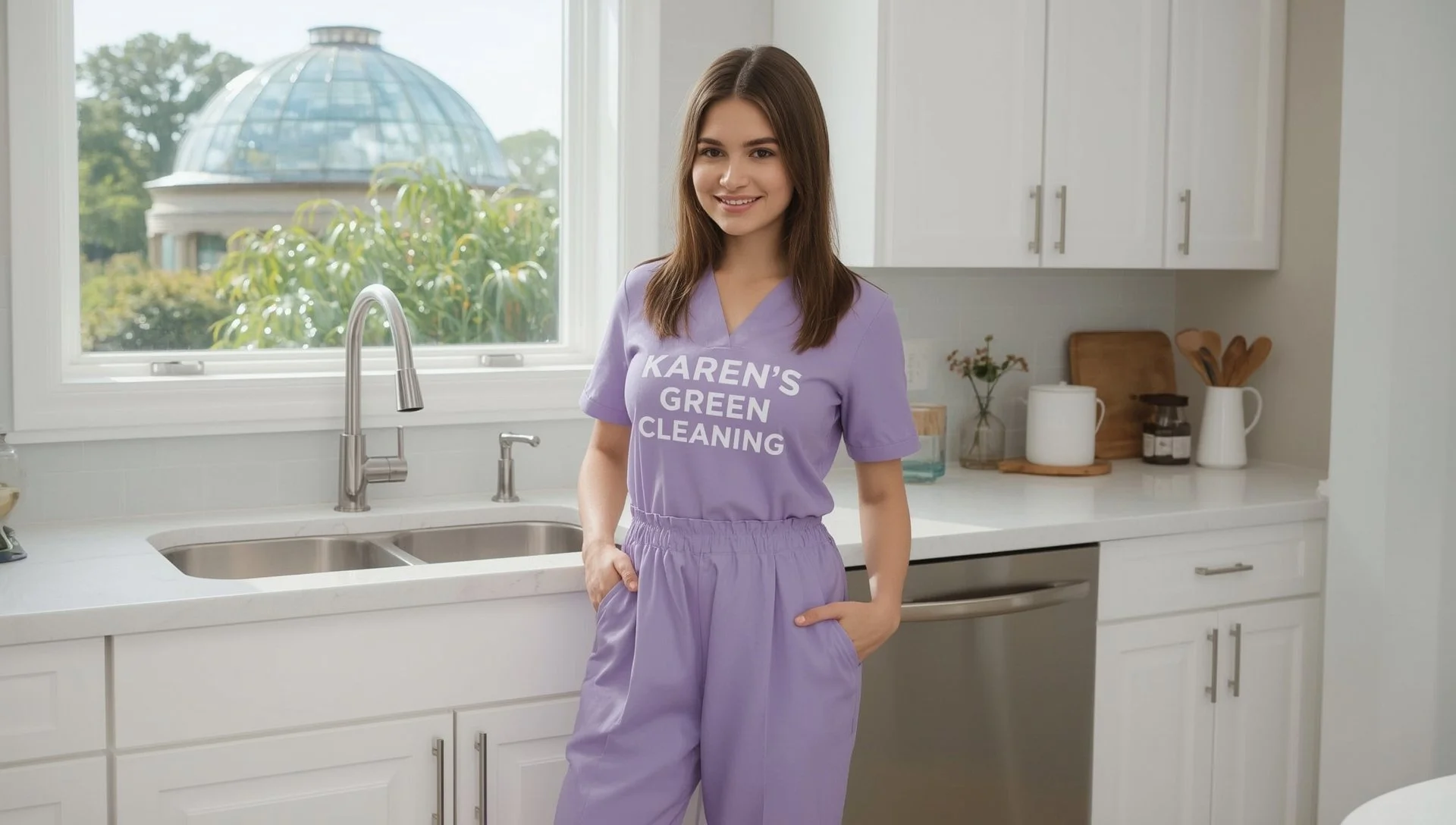Young American cleaner in purple Karen’s Green Cleaning uniform mopping a Como home kitchen with Como Zoo Conservatory visible.
