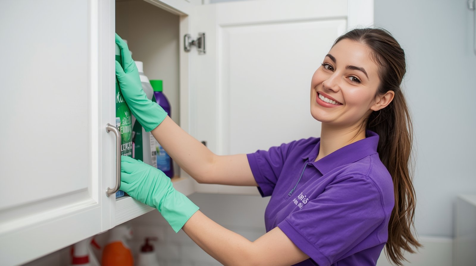 Karen’s Green Cleaning professional smiling while cleaning a laundry room cabinet.