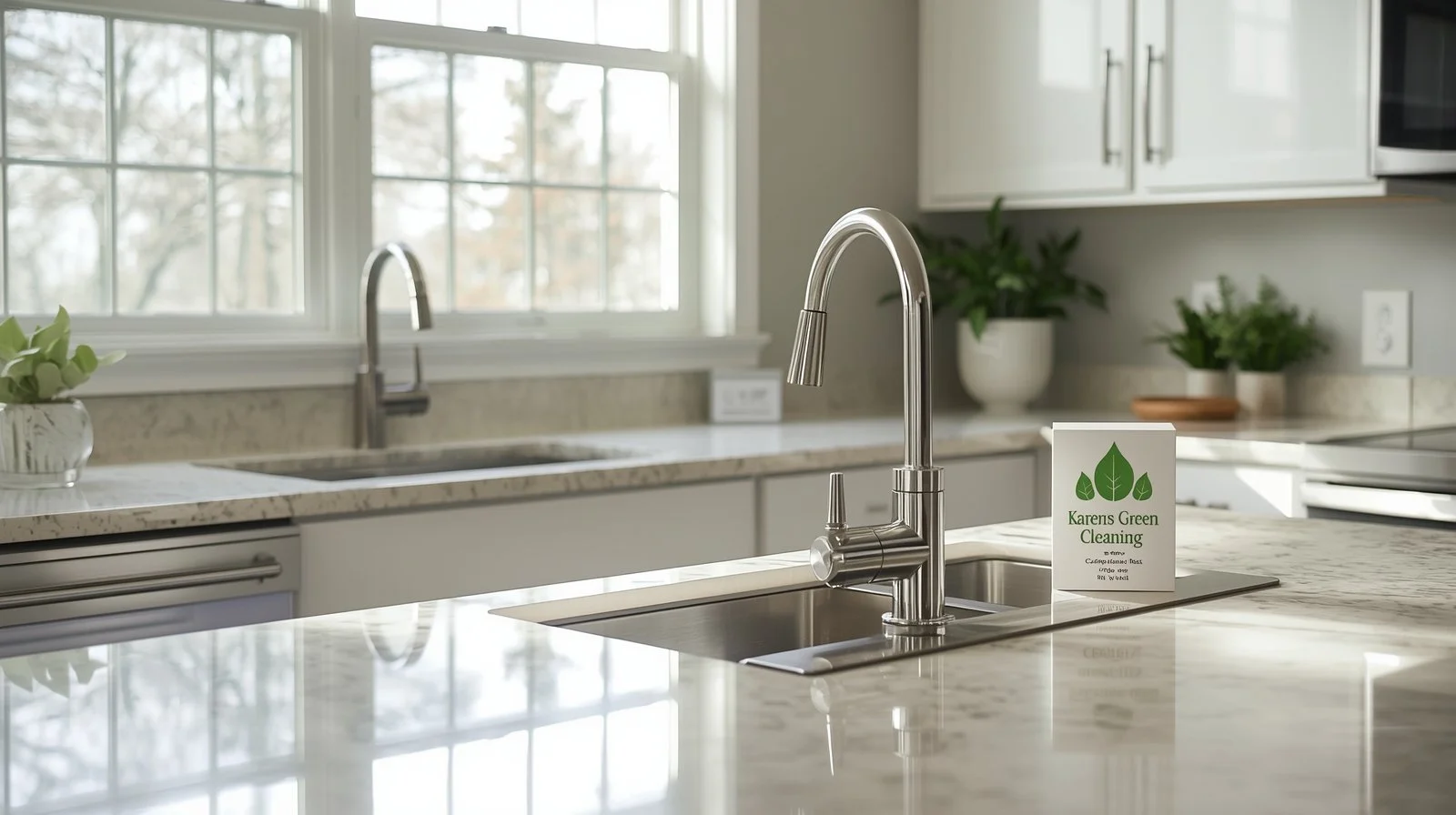 Spotless eco-clean kitchen in Grant, Minnesota with natural light and greenery