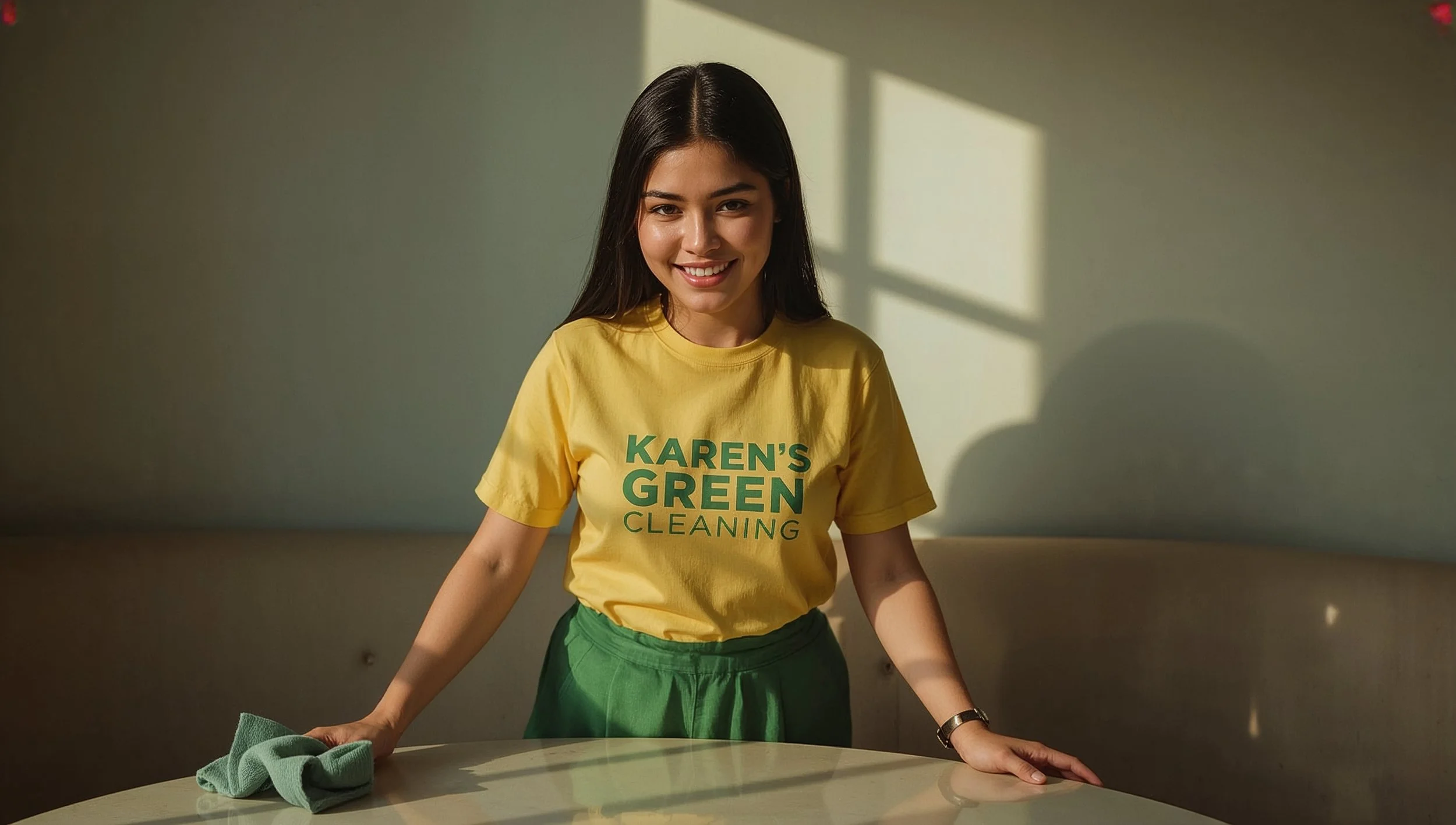 Honduran cleaner wiping a breakfast nook inside a Northwestern St. Paul home.