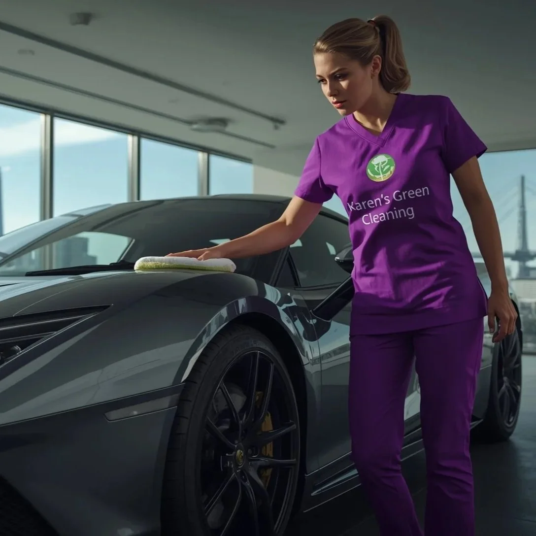 Caucasian maid in purple Karen’s Green Cleaning uniform polishing a penthouse sports car with legible logo.
