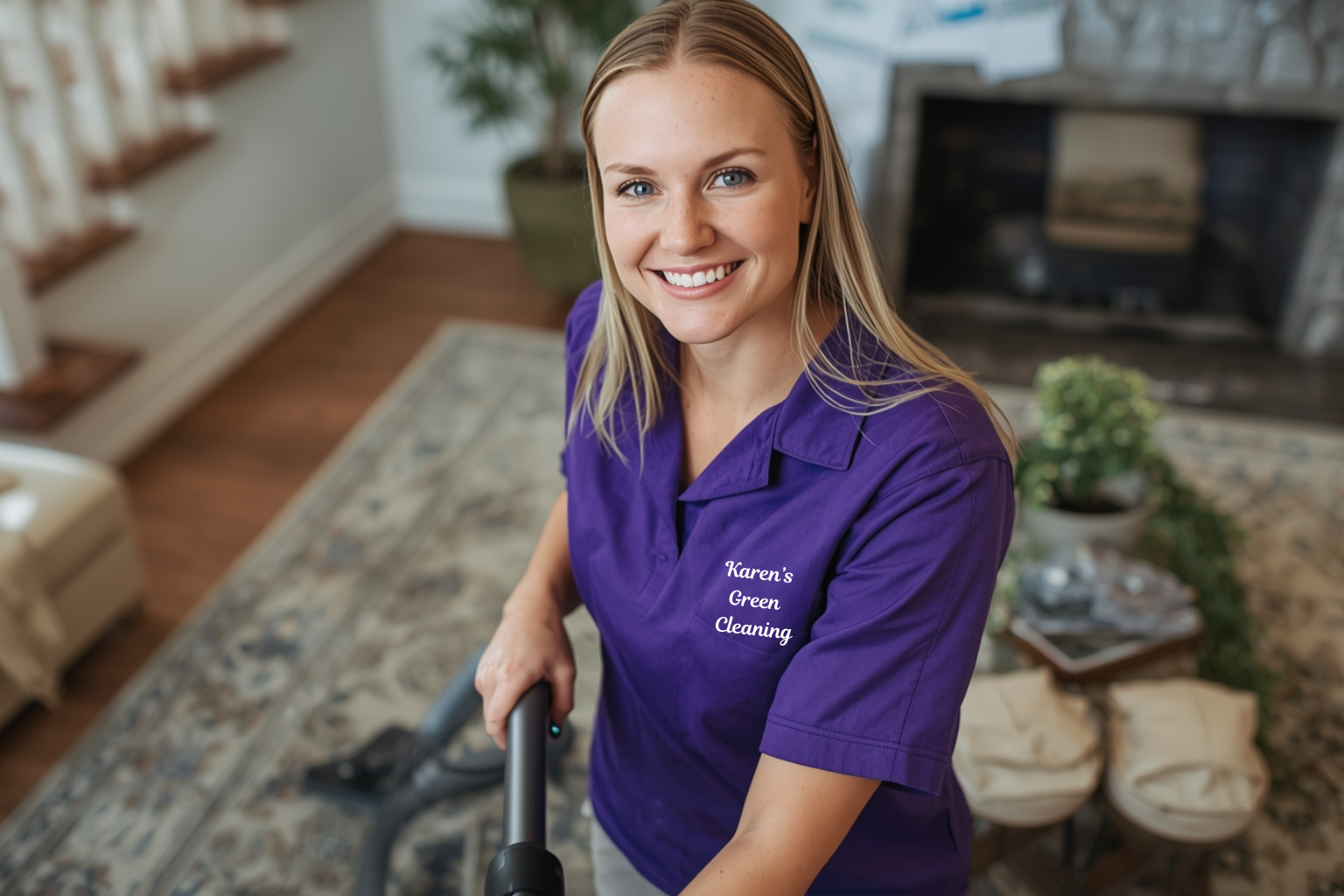 Freckled blonde cleaner vacuuming in purple Karen’s Green Cleaning uniform with Milaca Trail reference.