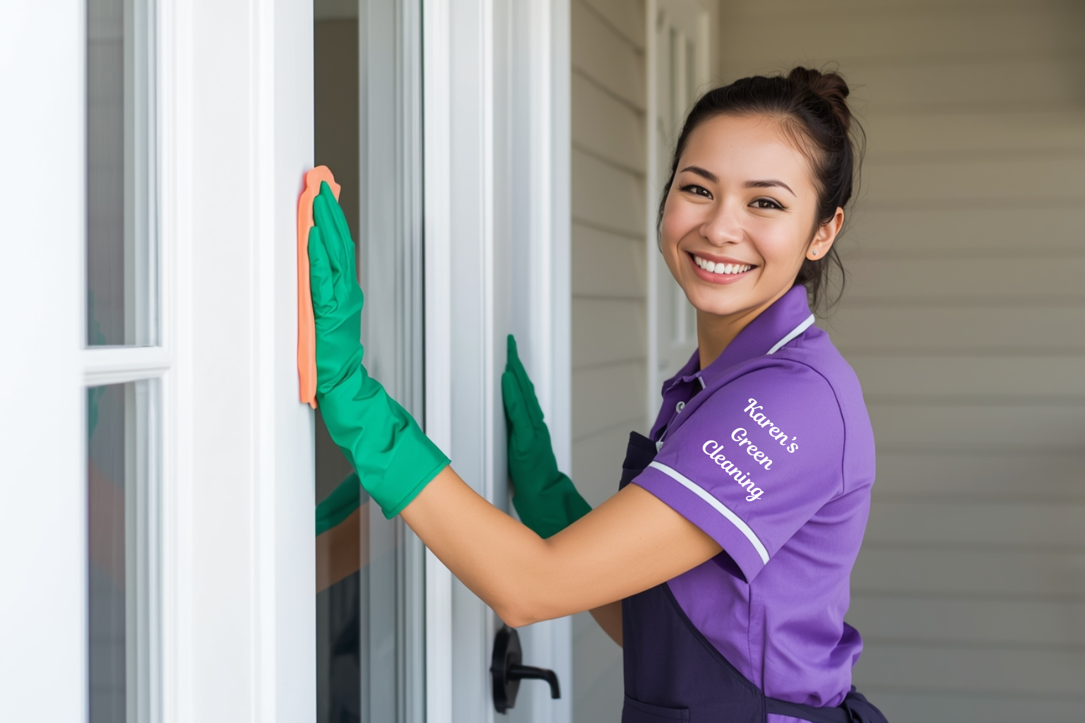 Karen’s Green Cleaning professional smiling while cleaning inside kitchen cabinets.