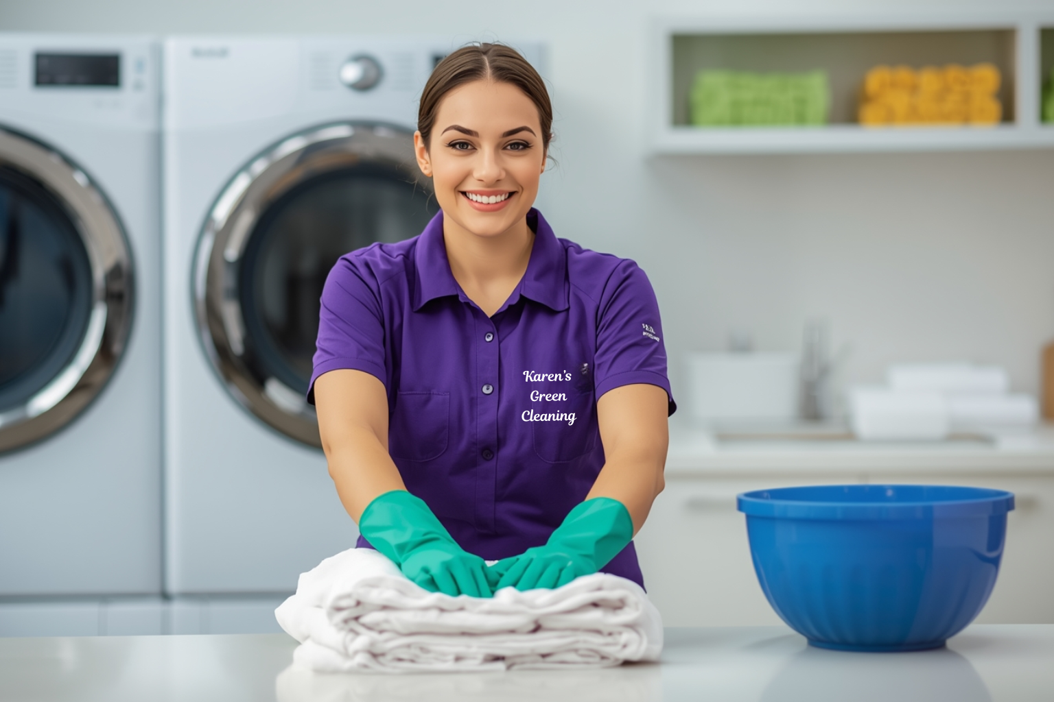 Karen’s Green Cleaning professional folding towels at a laundry folding station.
