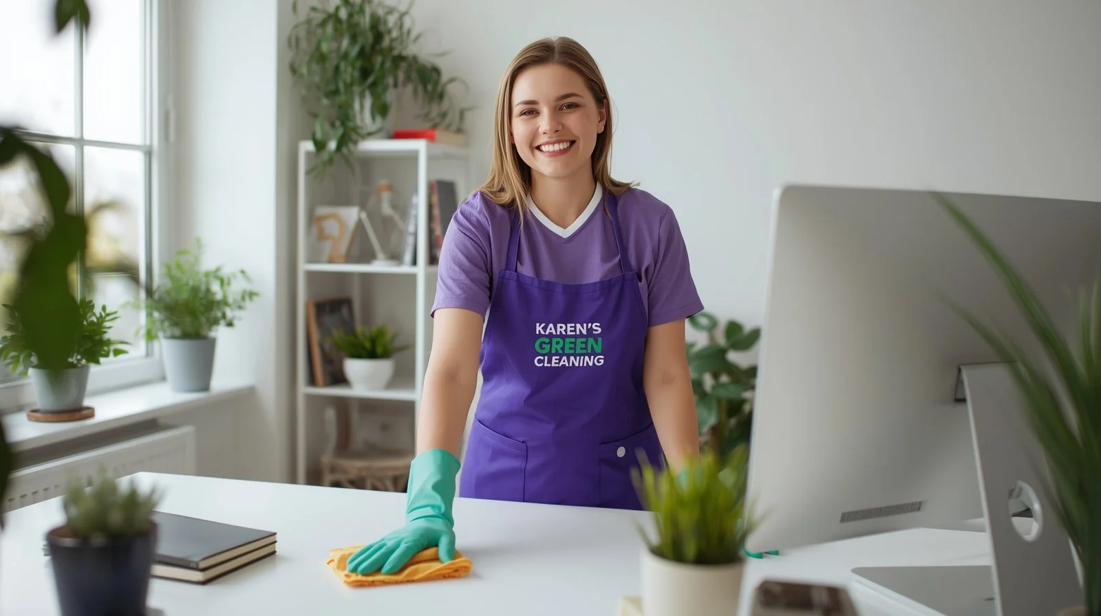 Karen’s Green Cleaning professional cleaning a home office desk.