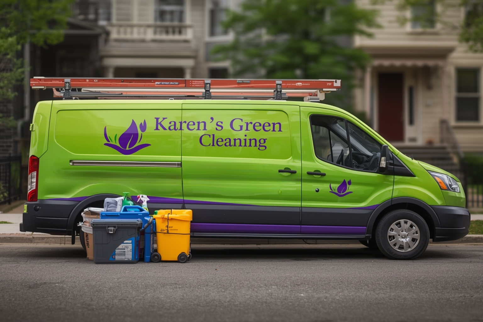 Karen’s Green Cleaning branded vehicle parked in Midtown Phillips Minneapolis with eco-friendly cleaning supplies