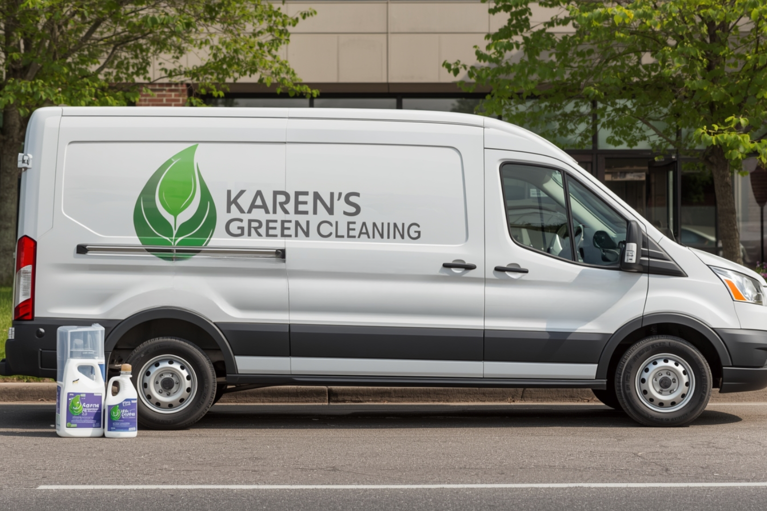 Karen’s Green Cleaning service vehicle near Roseville City Hall with visible logo and eco-friendly supplies.