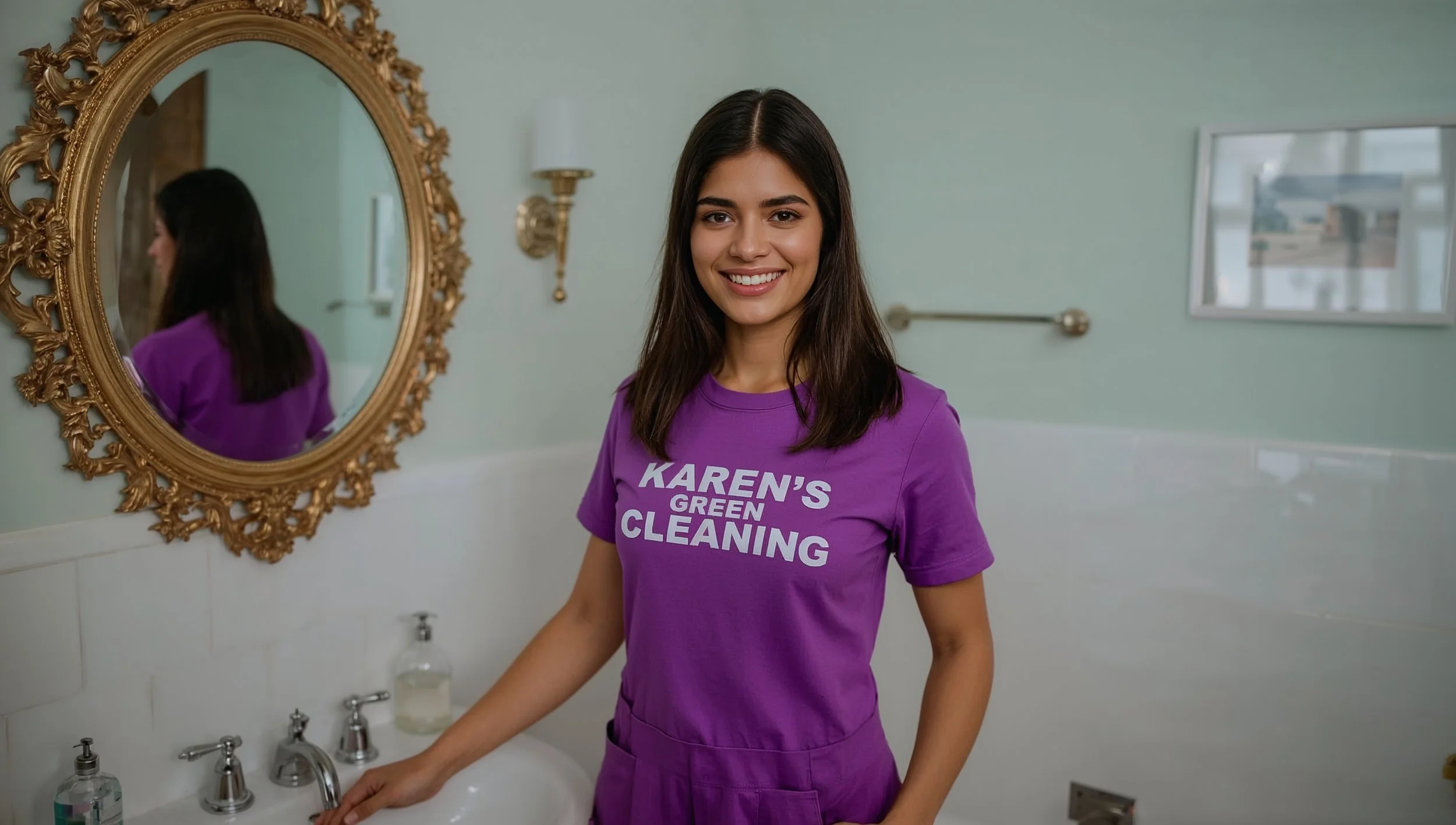 Brazilian cleaner in purple Karen’s Green Cleaning uniform scrubbing a spotless bathroom in a Summit Hill St. Paul home
