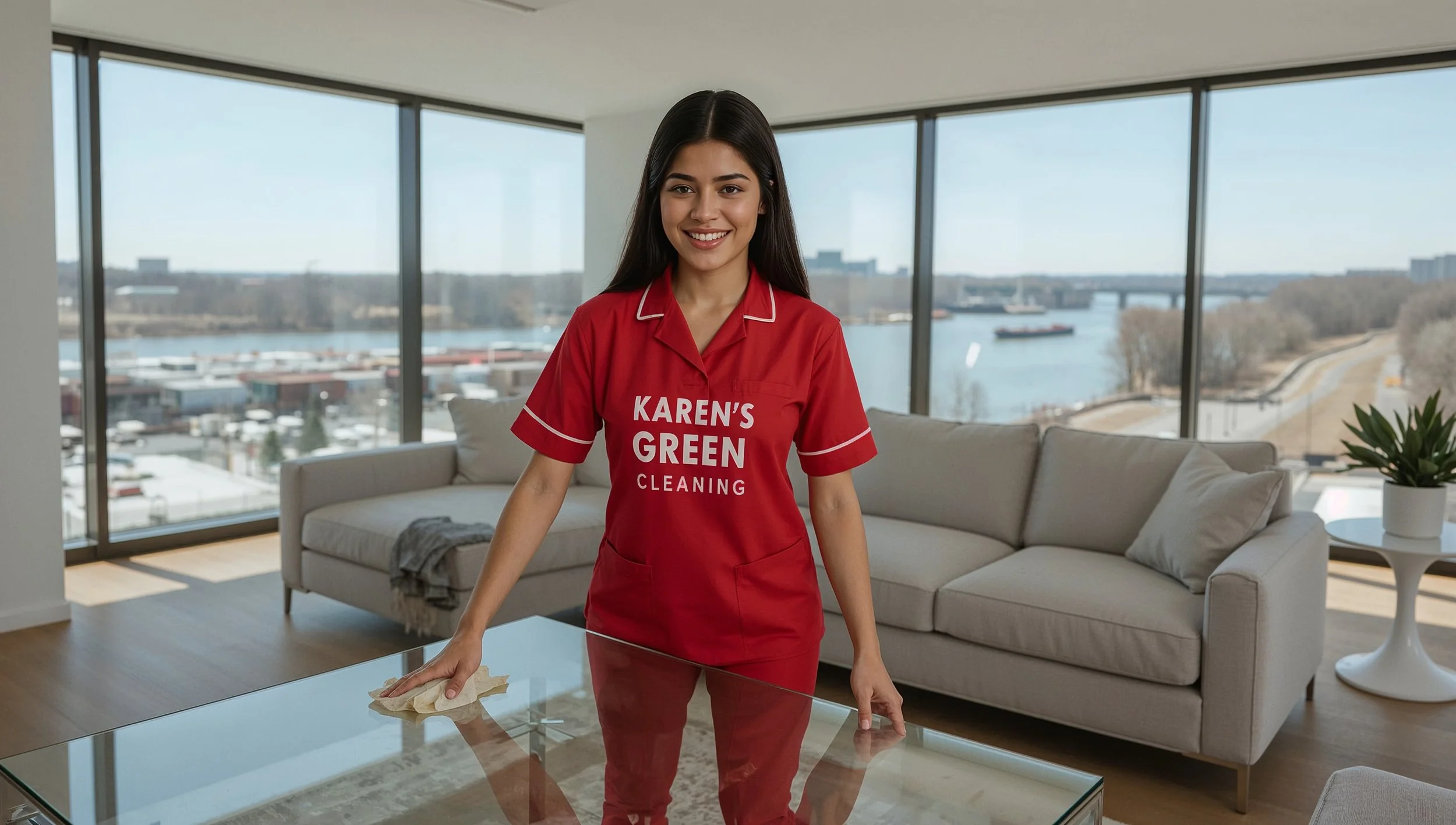 Joyful Colombian cleaner in red Karen’s Green Cleaning uniform cleaning a modern living room with Mississippi River views near Railroad Island St. Paul