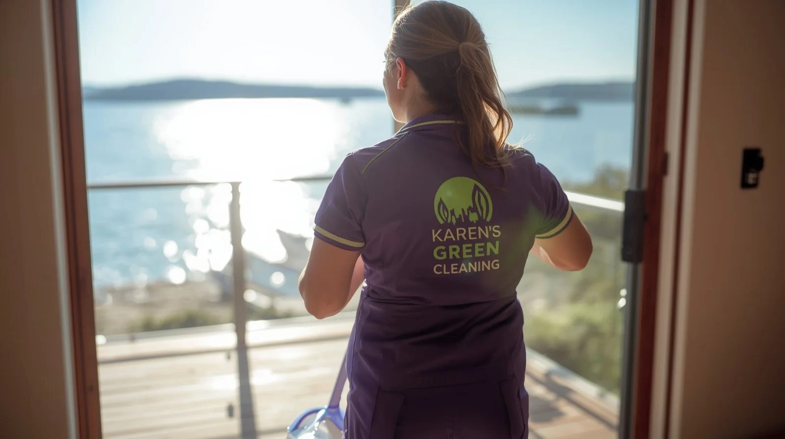 Female cleaner in purple uniform cleaning a lakeside home in Long Lake, Minnesota