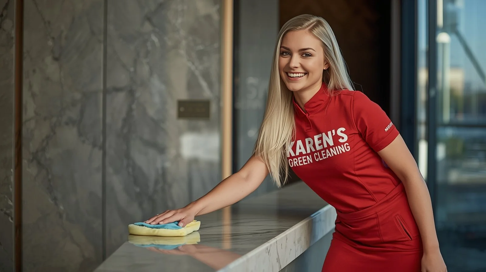 Beautiful Polish cleaner in red Karen’s Green Cleaning uniform polishing marble lobby desk in upscale downtown St. Paul building