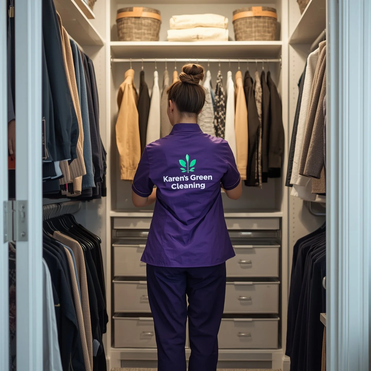 "Cleaner in purple uniform organizing a walk-in closet in a Warsaw, Minnesota home."