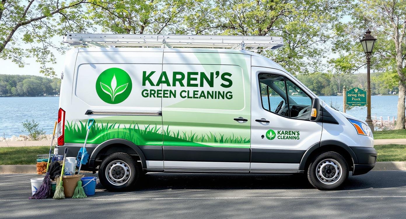 Karen’s Green Cleaning branded vehicle parked by Spring Park’s lakeside area with supplies displayed.