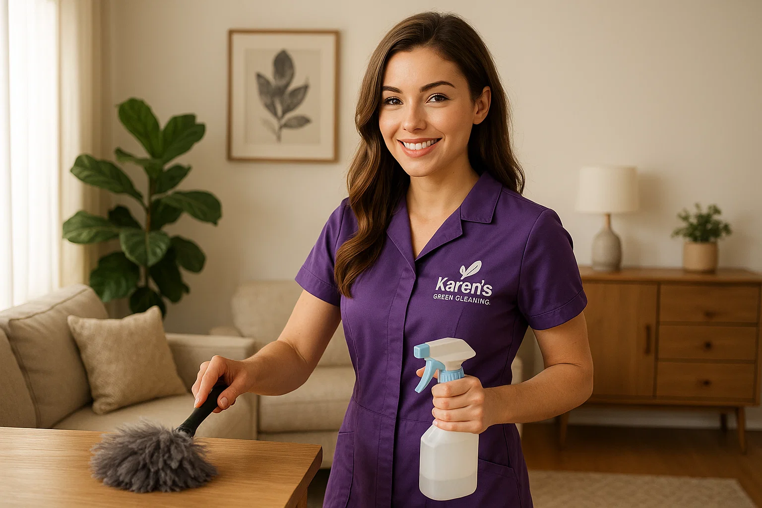 Maid in purple uniform with Karen’s Green Cleaning logo dusting a stylish living room with cleaning supplies.