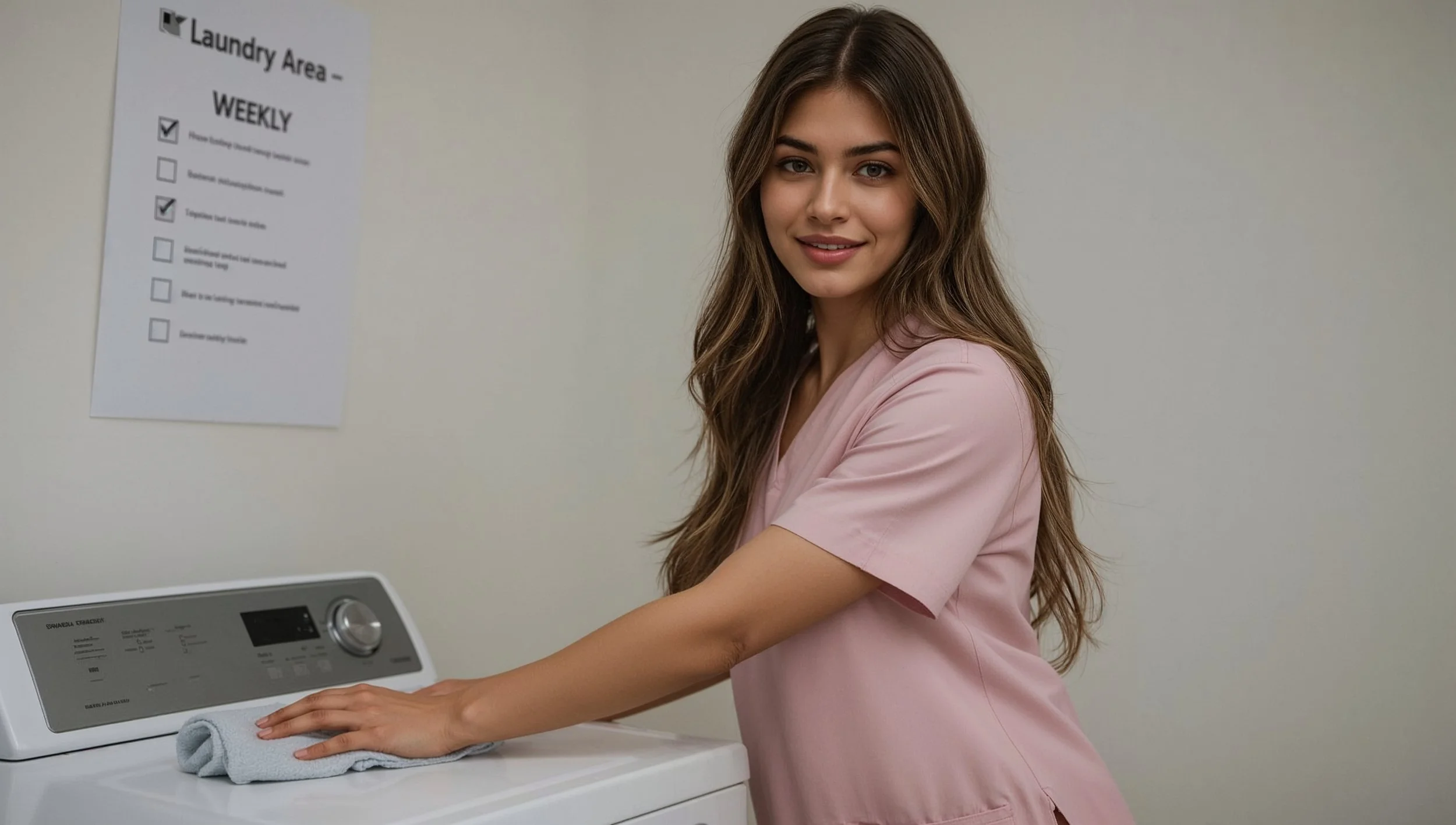 Cleaner wiping laundry machines at home with a weekly cleaning checklist present.