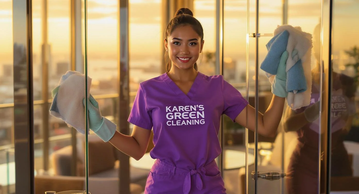 Southeast Asian cleaning professional in purple Karen’s Green Cleaning uniform polishing glass doors in a luxury penthouse.