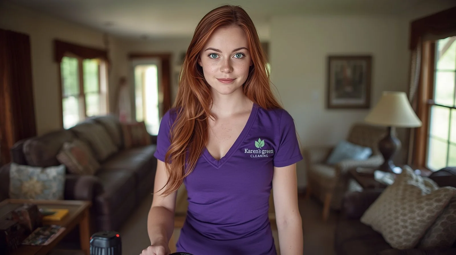 Red-haired cleaner in fitted purple Karen’s Green Cleaning uniform working in Palmdale Minnesota home