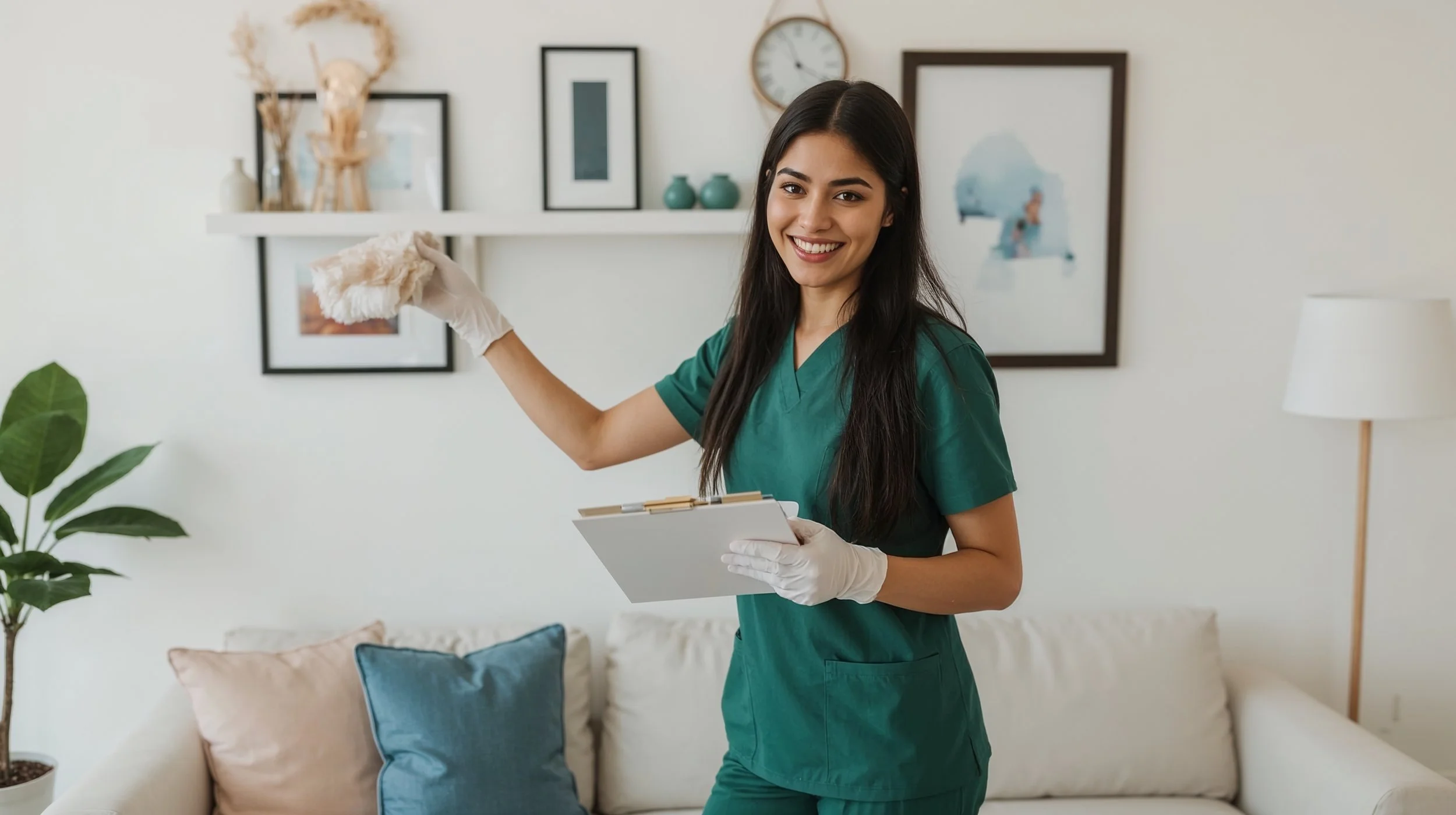 Colombian woman dusting living room surfaces as part of a basic home cleaning checklist.
