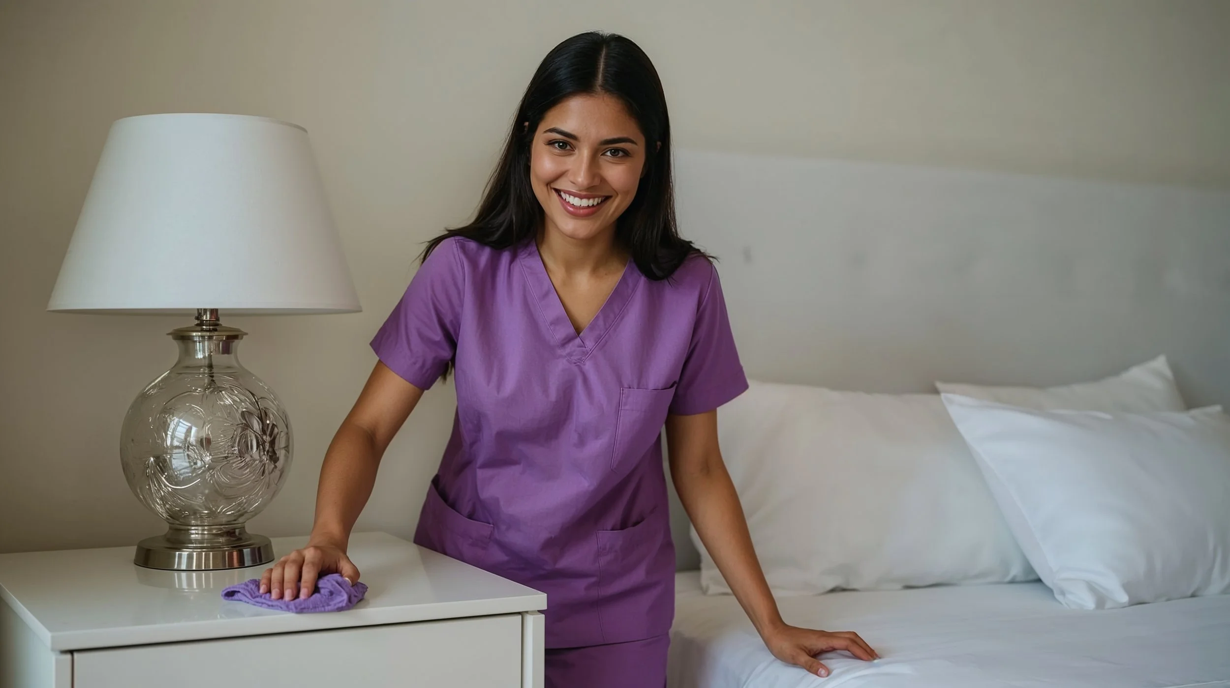 Cleaner dusting bedroom nightstand and lamp during a bedroom cleaning routine.
