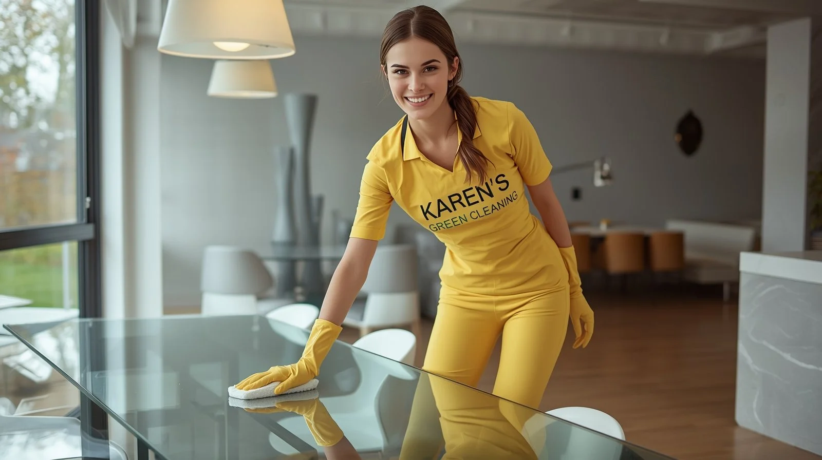 German cleaner polishing table in clean Minneapolis Logan Park dining space