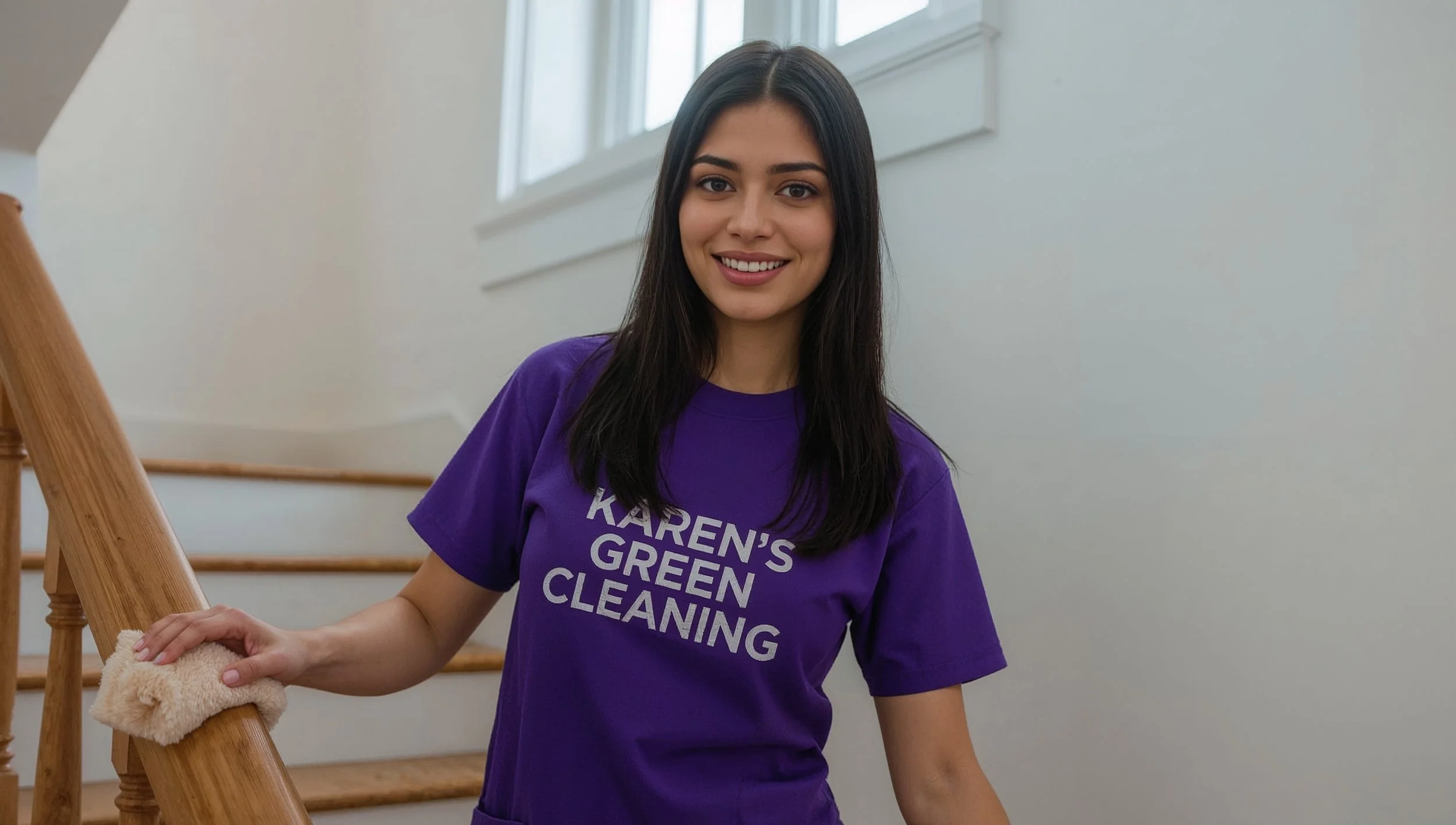 Colombian cleaner polishing stair railings in a North of Maryland St. Paul home wearing Karen’s Green Cleaning uniform.