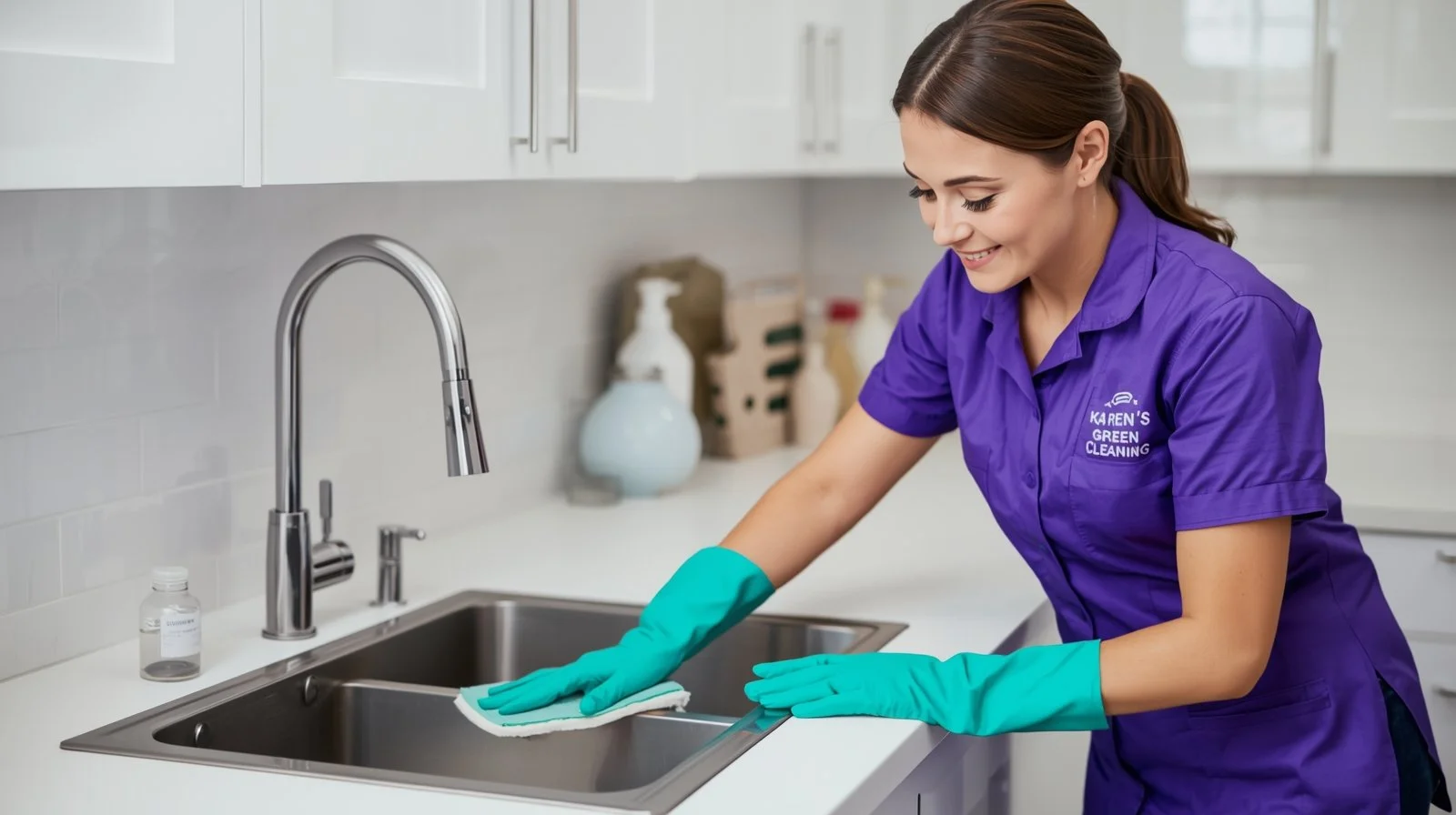 Karen’s Green Cleaning professional cleaning a laundry sink in a bright room.