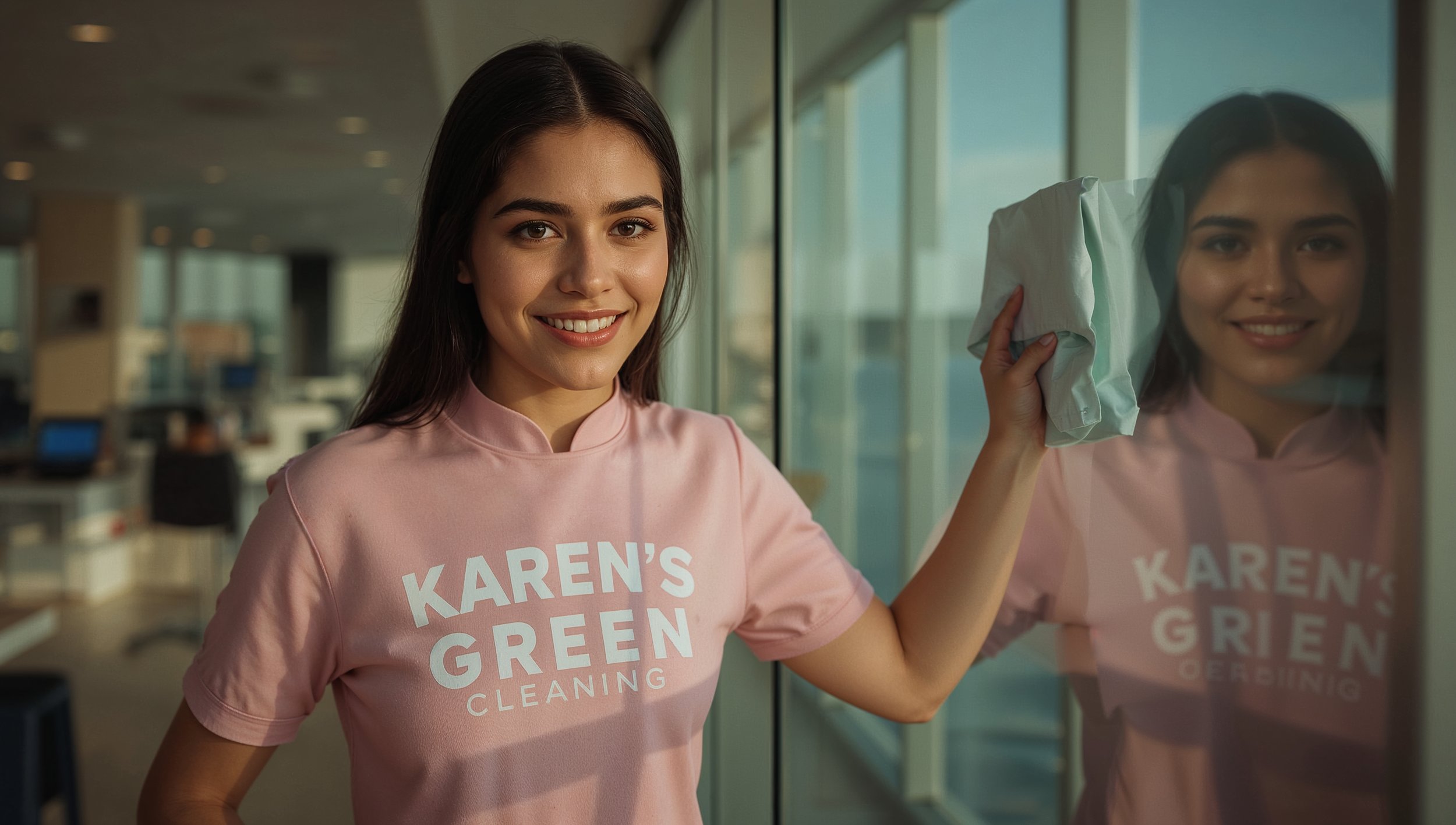 Joyful Colombian female cleaner washing windows with Lake Nokomis behind her, wearing a pink uniform labeled KAREN’S GREEN CLEANING.