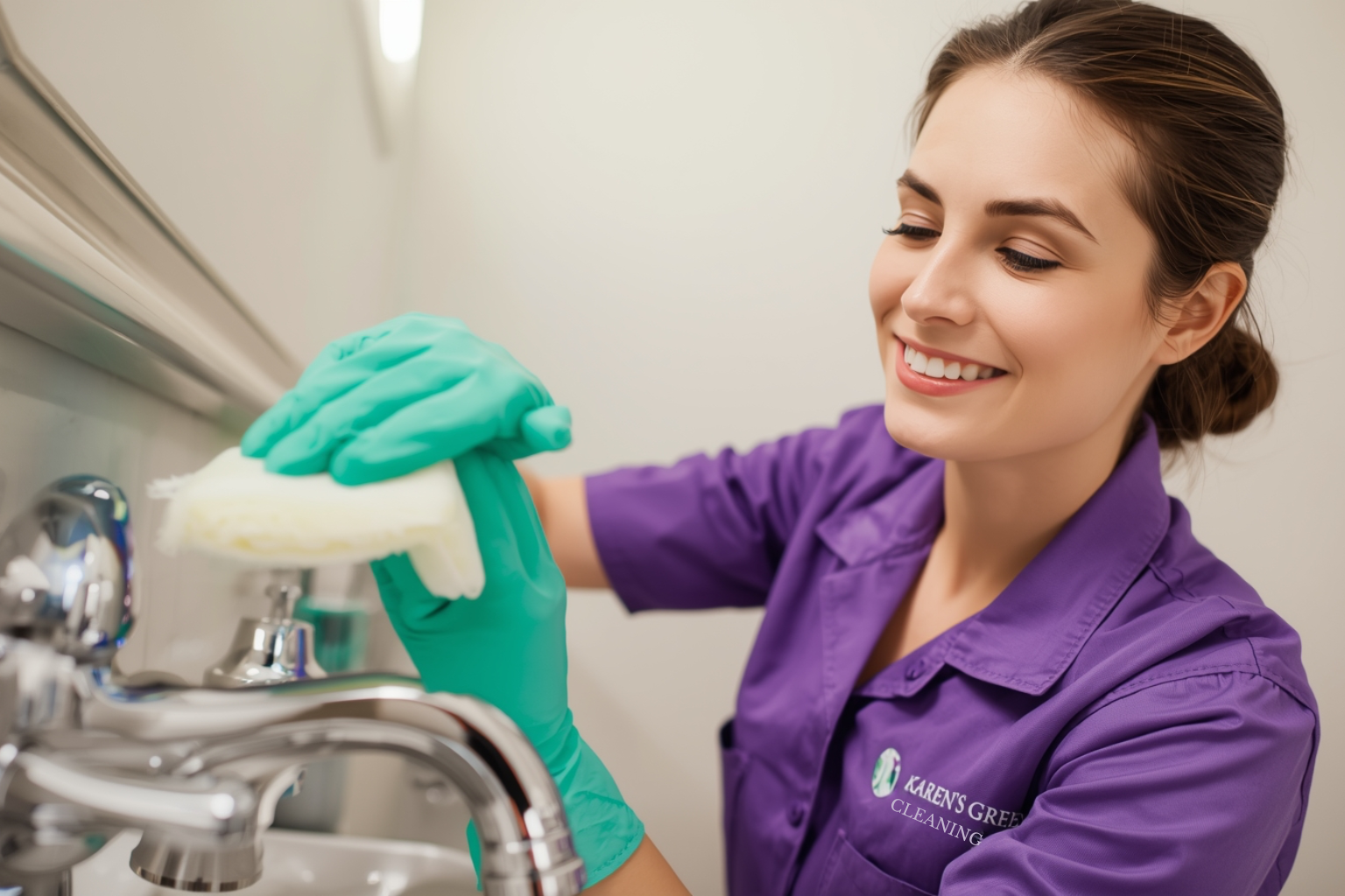 Karen’s Green Cleaning professional polishing a shiny bathroom faucet.
