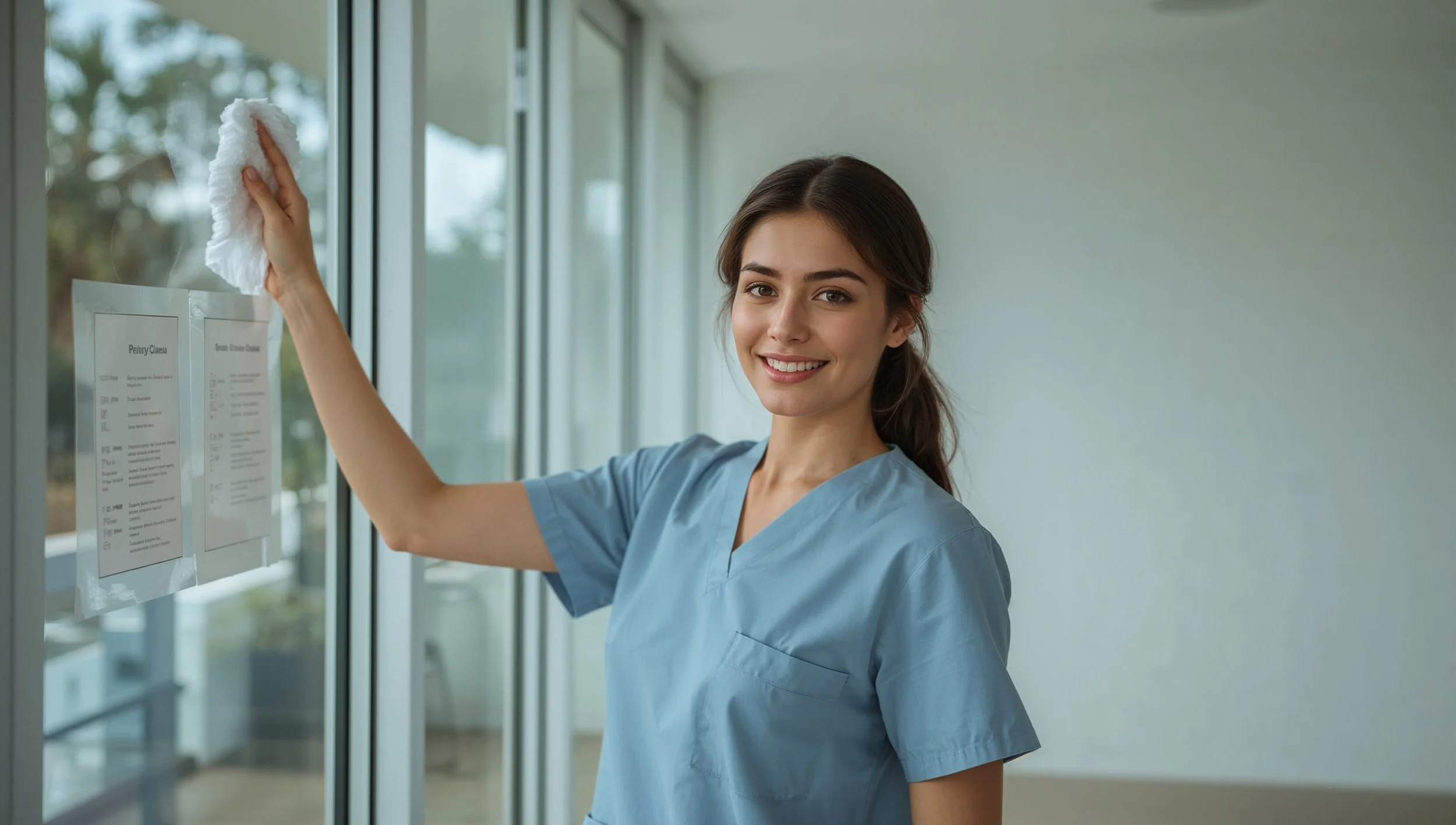 Female cleaner cleaning glass windows as part of a commercial cleaning checklist.