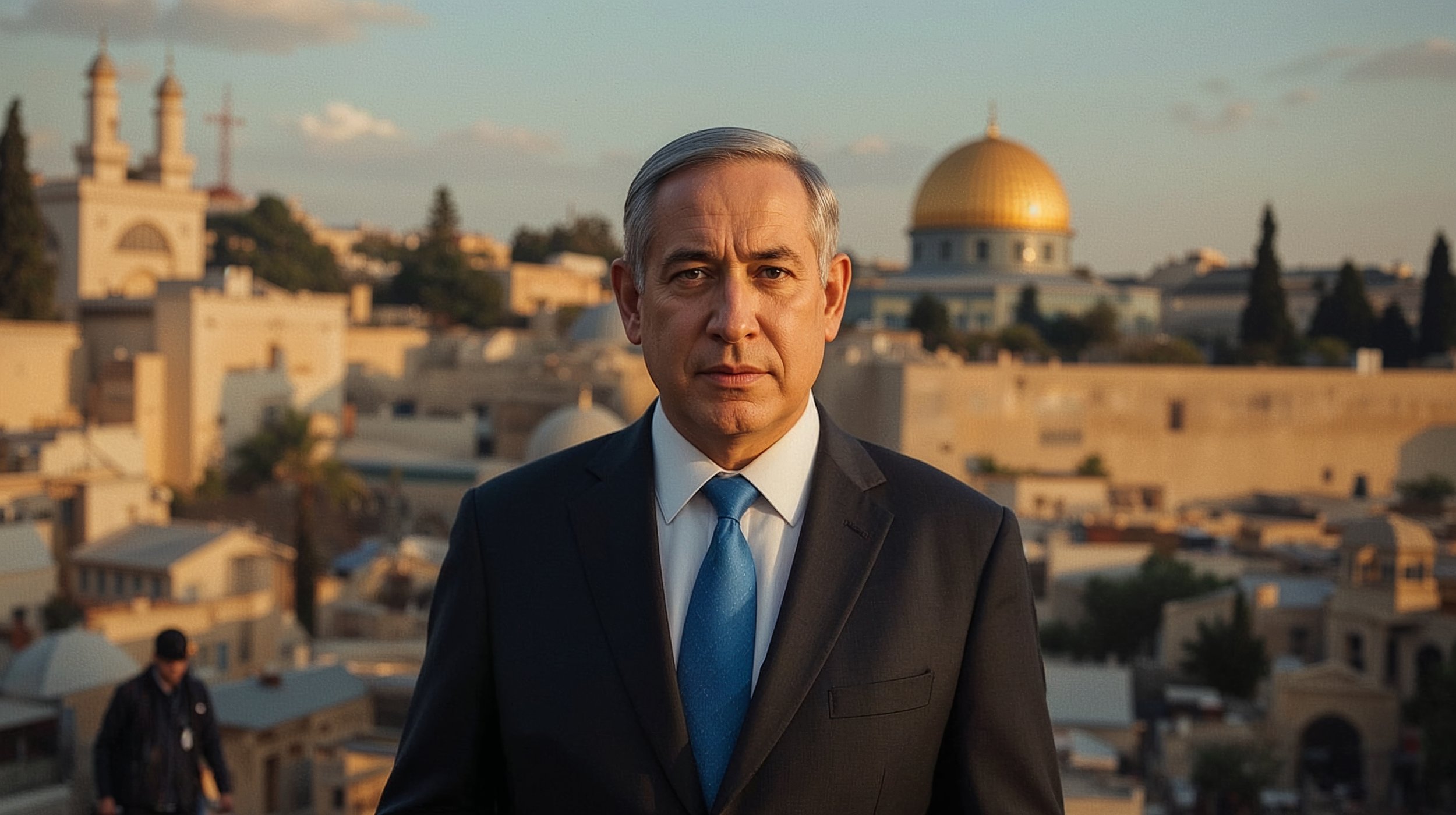 Benjamin Netanyahu shown against a historic backdrop symbolizing legacy and long-term net worth