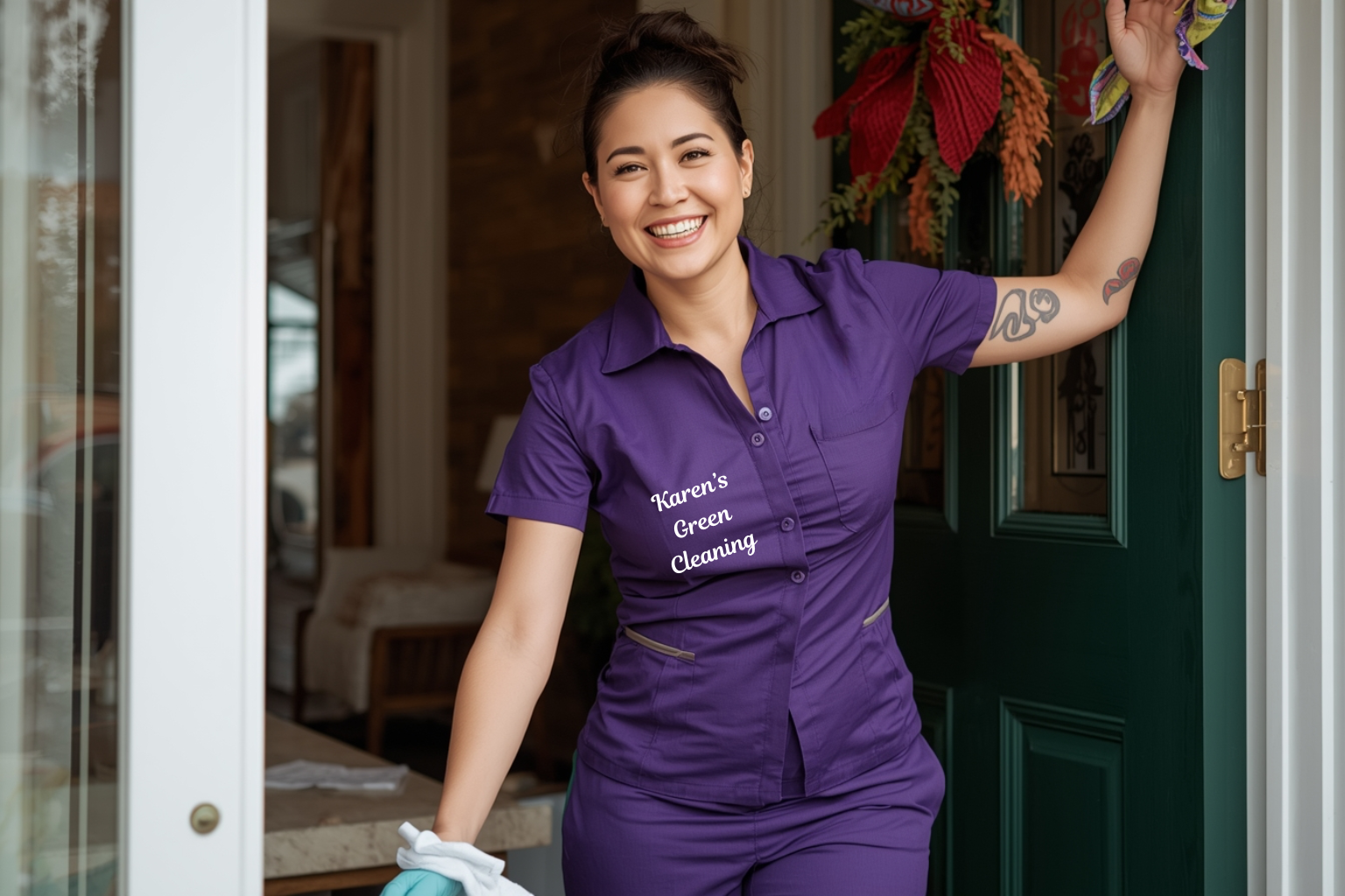 Purple-uniform cleaner wiping an entryway in a Medford Minnesota home