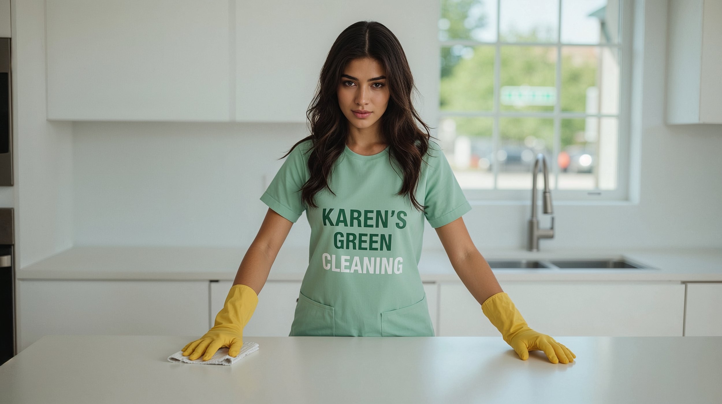 Young cleaner disinfecting a Frogtown kitchen with Karen’s Green Cleaning uniform