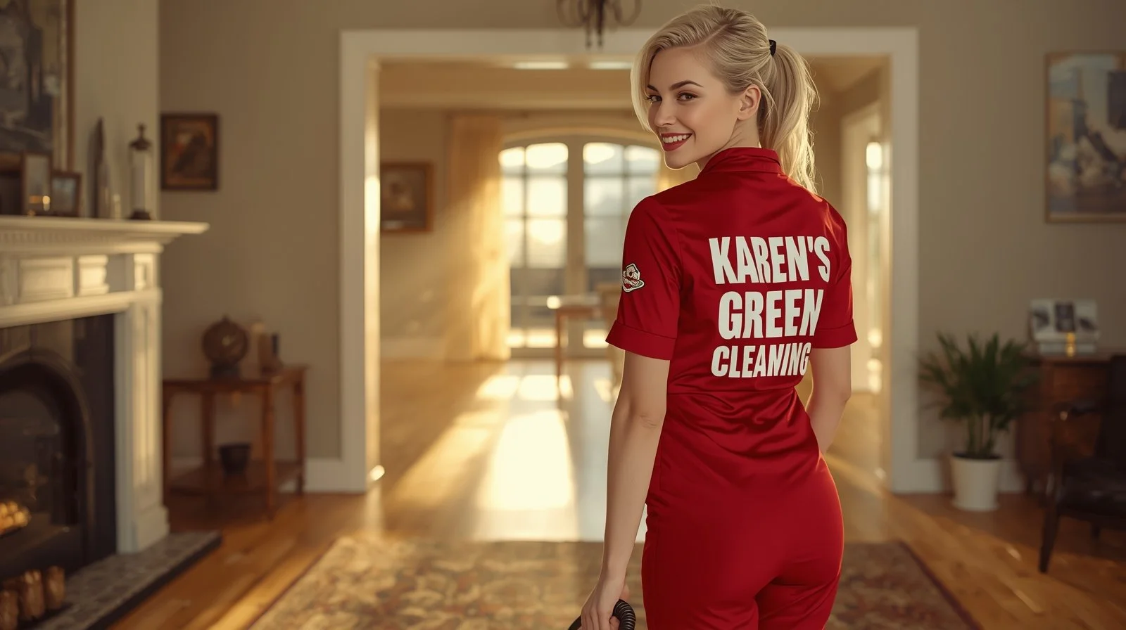 Stunning Lithuanian cleaner steam-mopping floors in red uniform – Karen’s Green Cleaning Lind-Bohanon