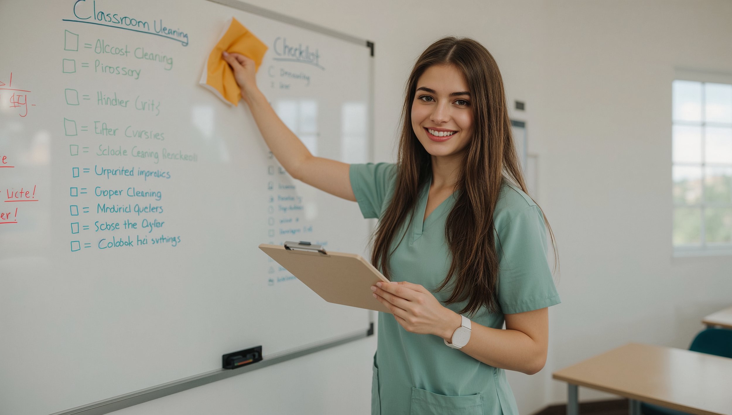 Young woman cleaning a homeschool classroom whiteboard as part of a classroom cleaning checklist.