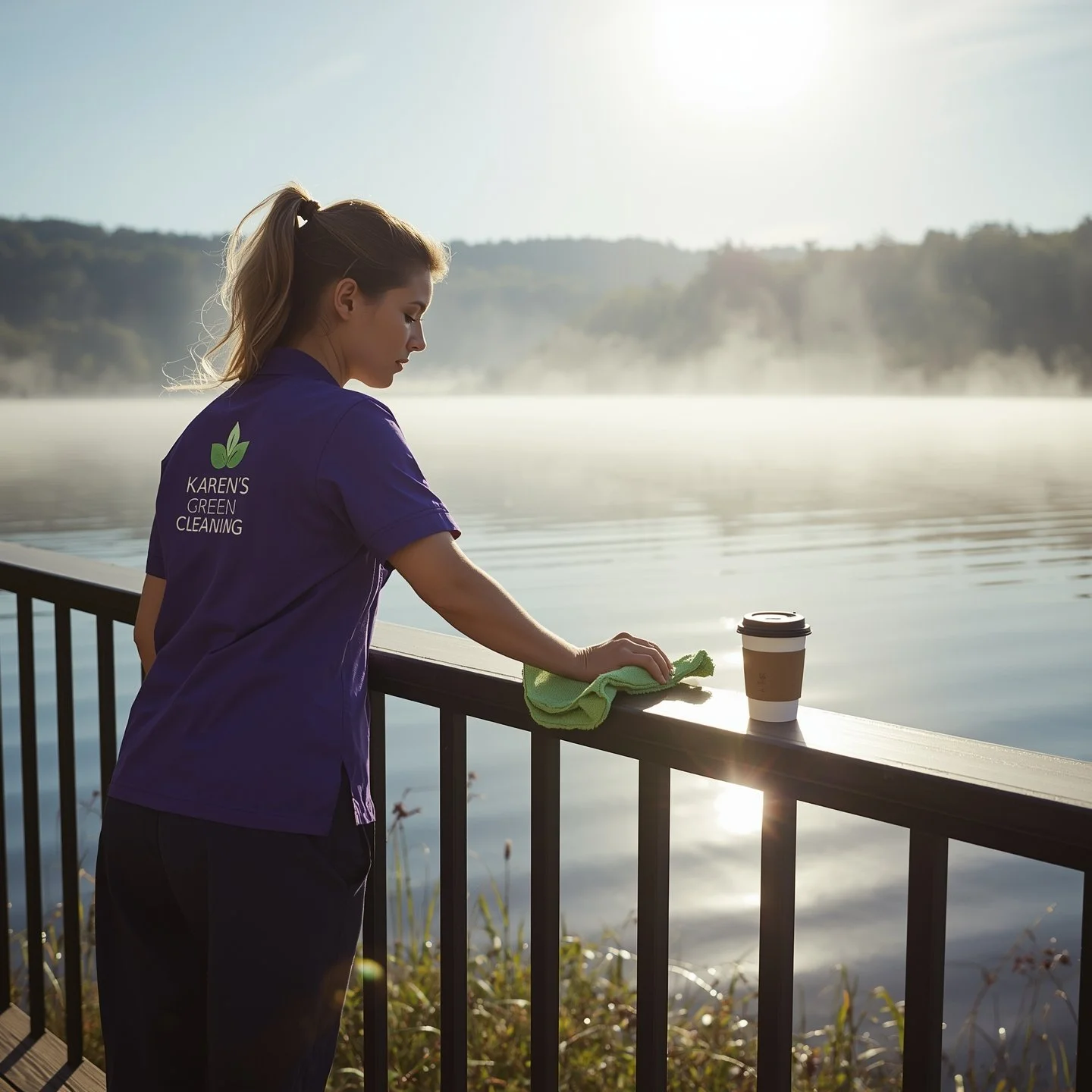 "Cleaner in purple uniform cleaning a lakeside deck at sunrise in Walbo, Minnesota."