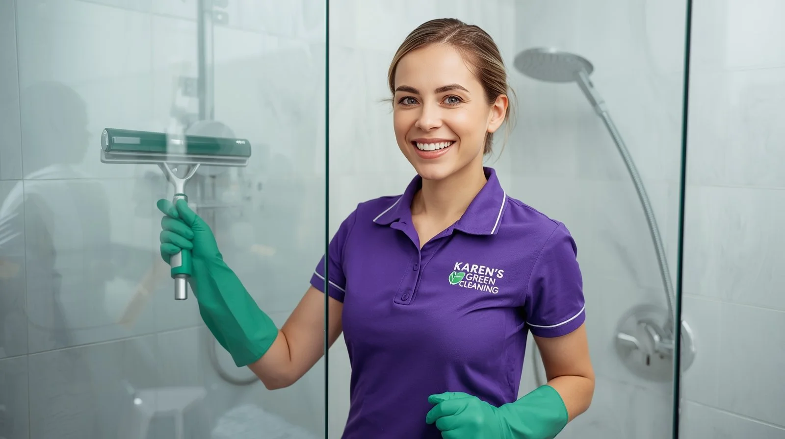 Karen’s Green Cleaning expert wiping a glass shower door with a squeegee.