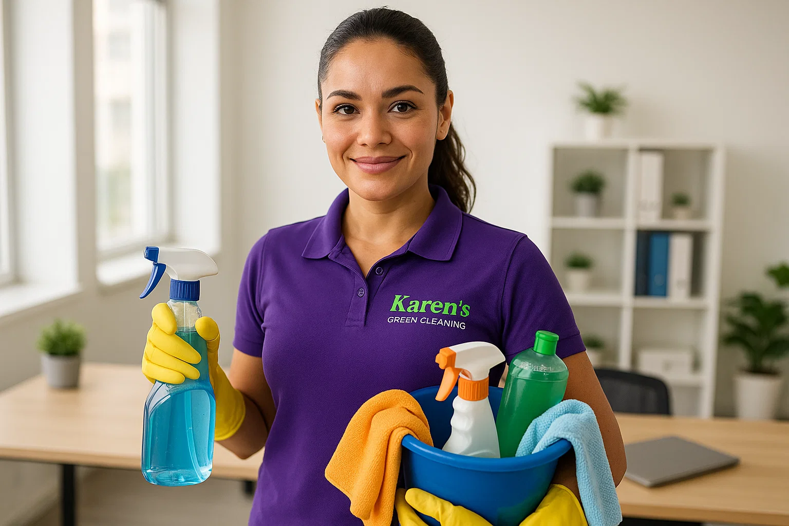 Maid in purple uniform with Karen’s Green Cleaning logo cleaning a modern office space with spray bottle and cloth.