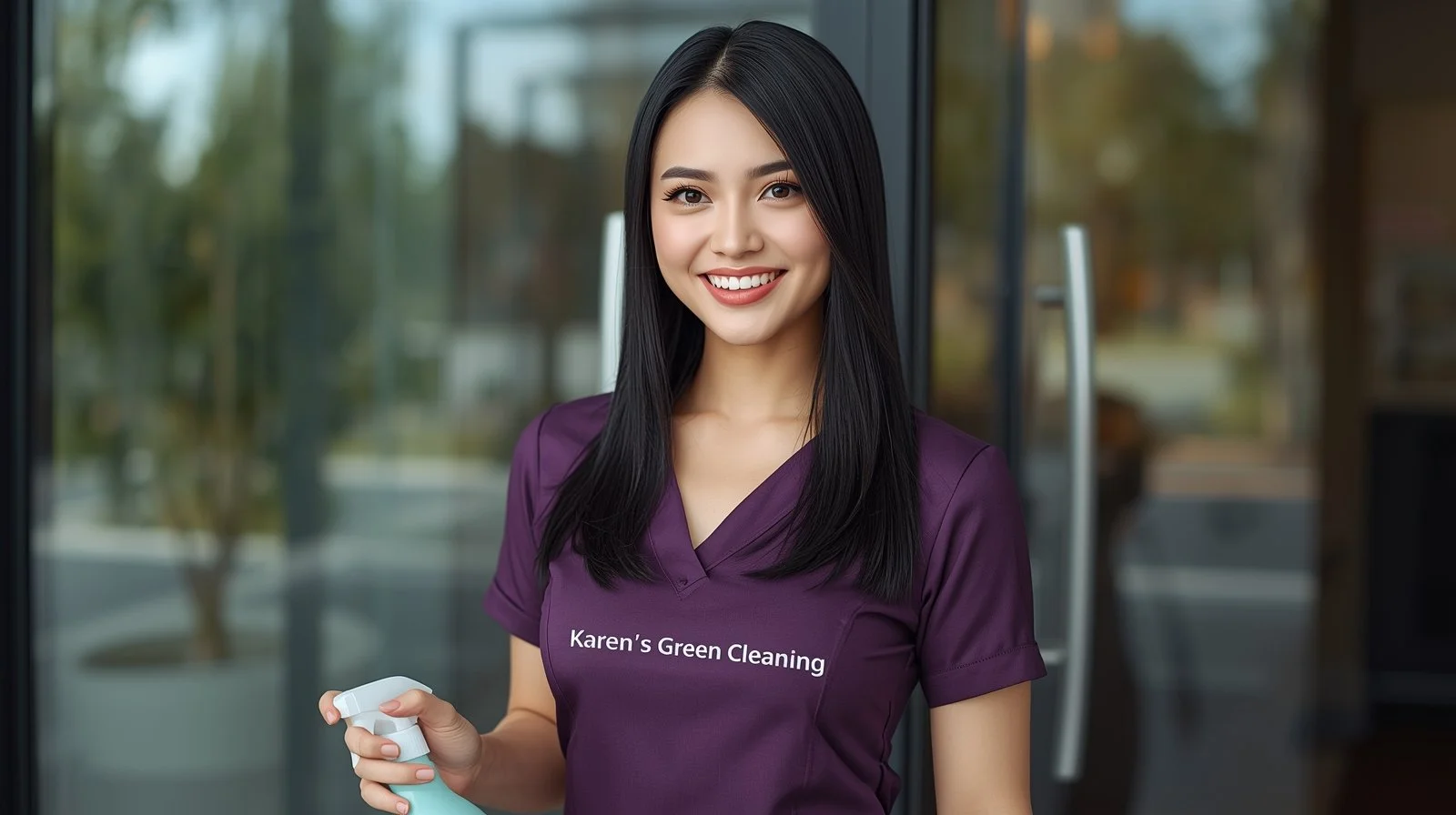 East Asian Karen’s Green Cleaning professional cleaning the glass entry
