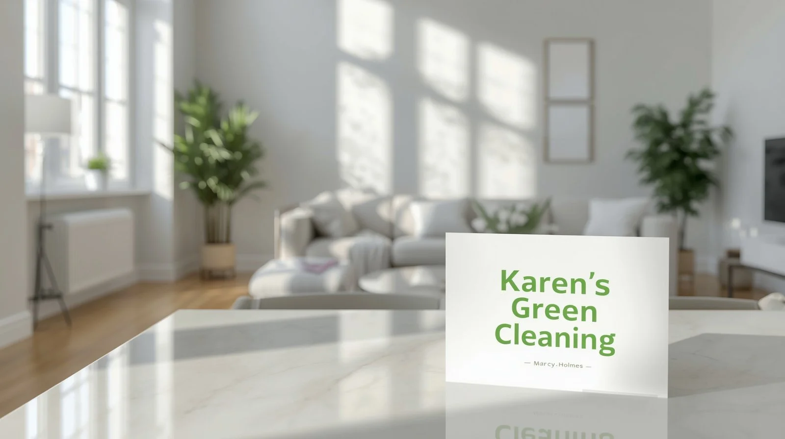 Spotless Marcy-Holmes apartment interior with Karen’s Green Cleaning sign.