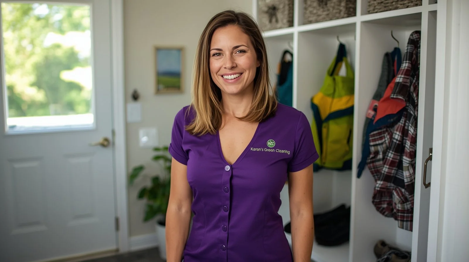 Brown-haired cleaner in Karen’s Green Cleaning uniform tidying an Orono mudroom