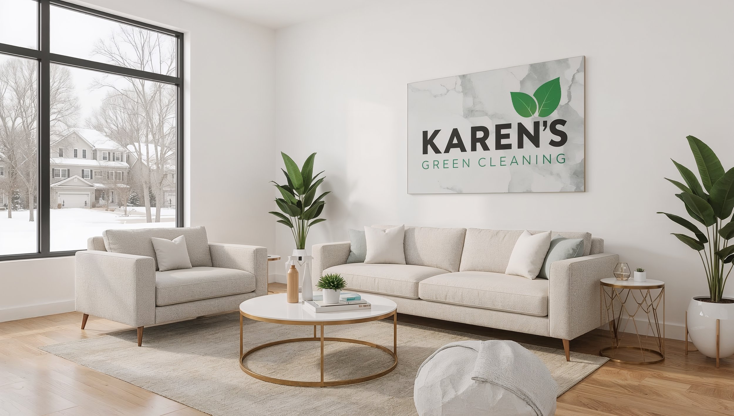 Karen’s Green Cleaning logo displayed in a spotless St. Paul living room with eco-friendly supplies.