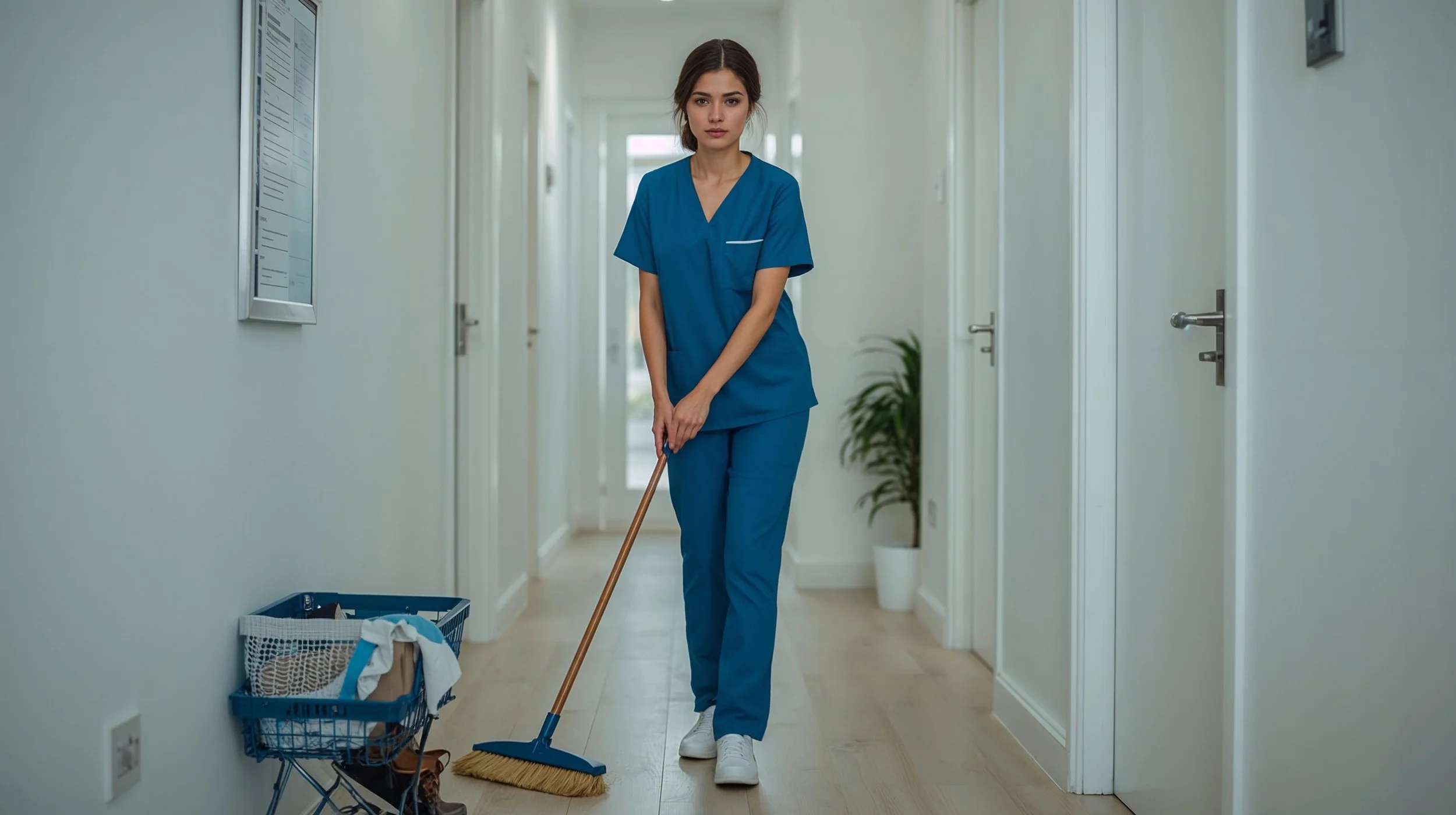 Spaniard cleaner organizing and sweeping an apartment entryway following a checklist.