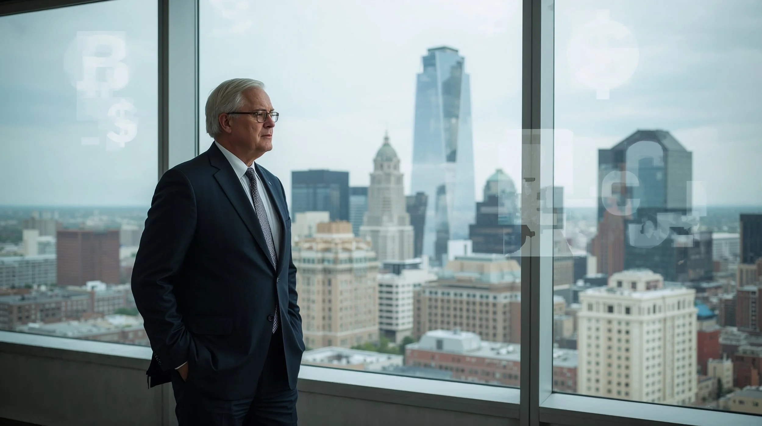 Tim Walz overlooking a city skyline symbolizing economic responsibility and leadership tied to net worth