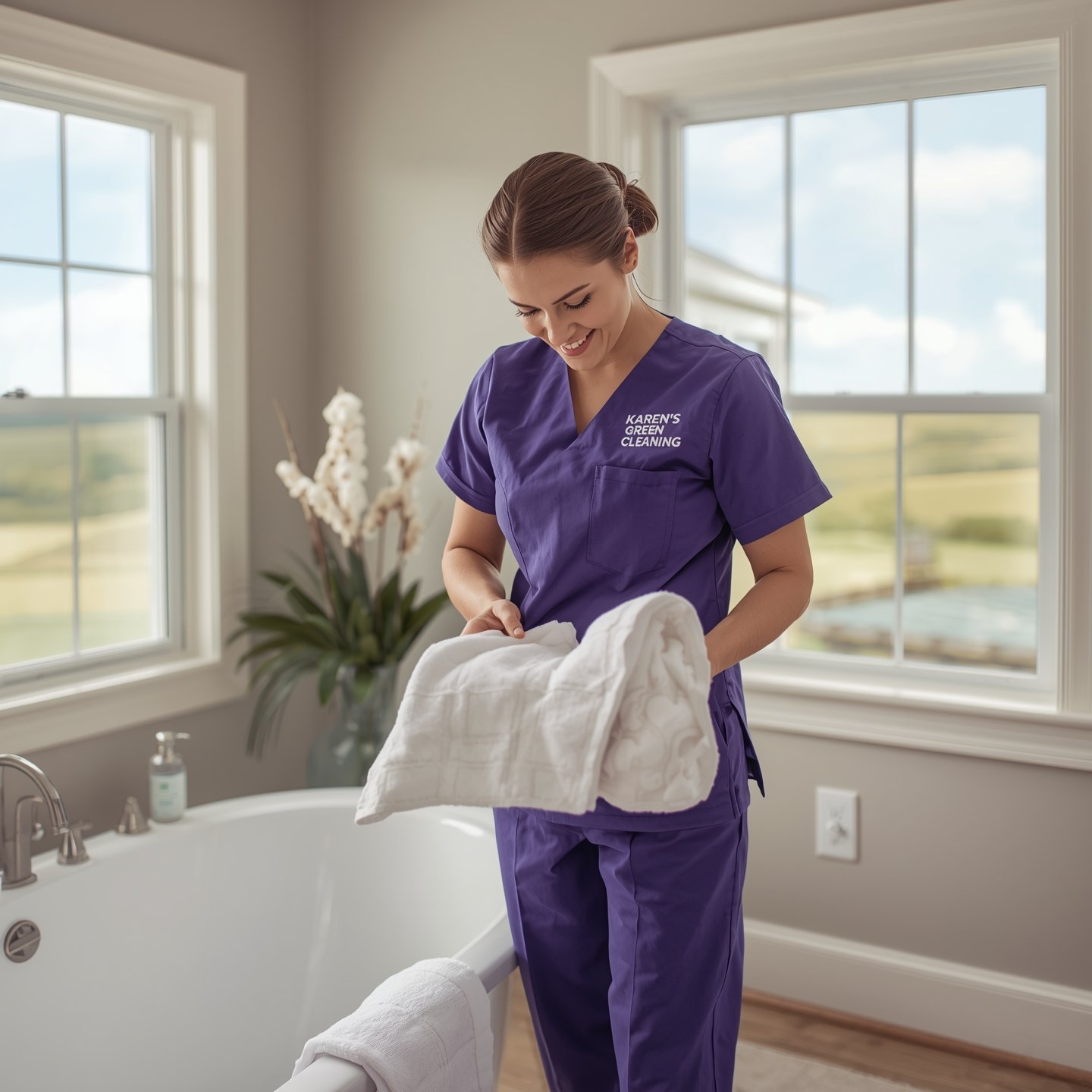 "Cleaner in purple uniform folding towels in a spa-like bathroom in a Warsaw, Minnesota home."