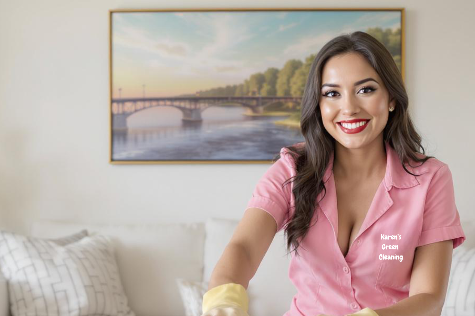 Young curly-haired cleaner polishing surfaces inside a Shakopee home with Karen’s Green Cleaning branding.