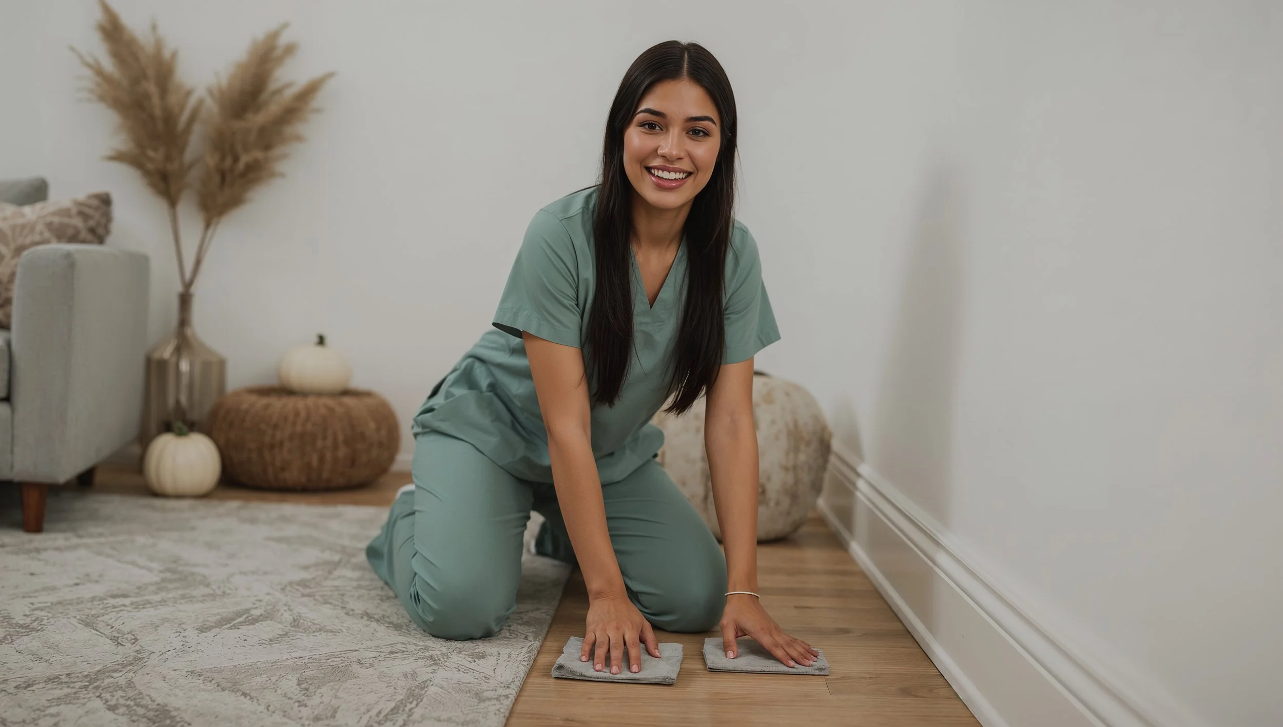 Colombian woman scrubbing baseboards during a fall cleaning routine at home.