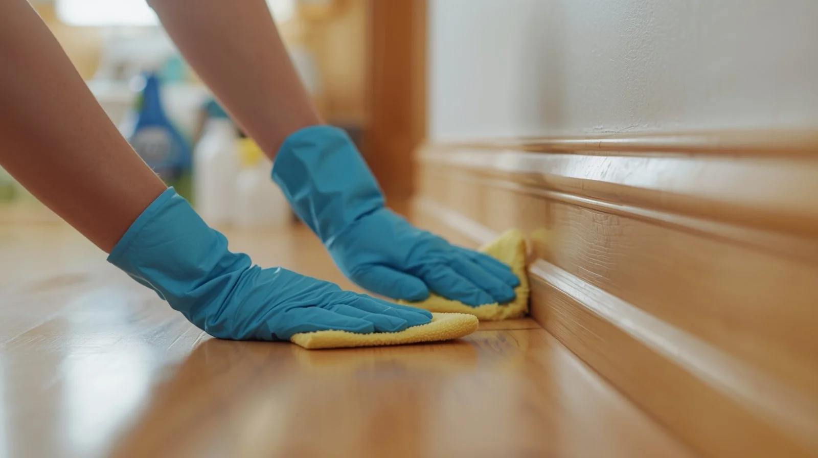 Close-up of detailed cleaning of wood trim and surfaces in a small-town Hammond, Minnesota home by Karen’s Green Cleaning
